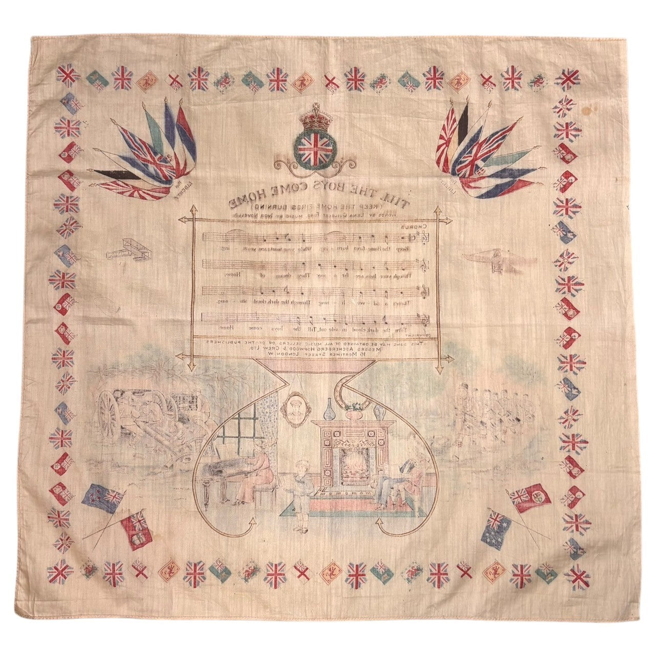 VINTAGE(ヴィンテージ) 1910's WW1 Allied Wars Printed Bandana 第一次世界大戦 プリント バンダナ ベージュ 1910年代 アンティーク TILL THE BOYS HOME