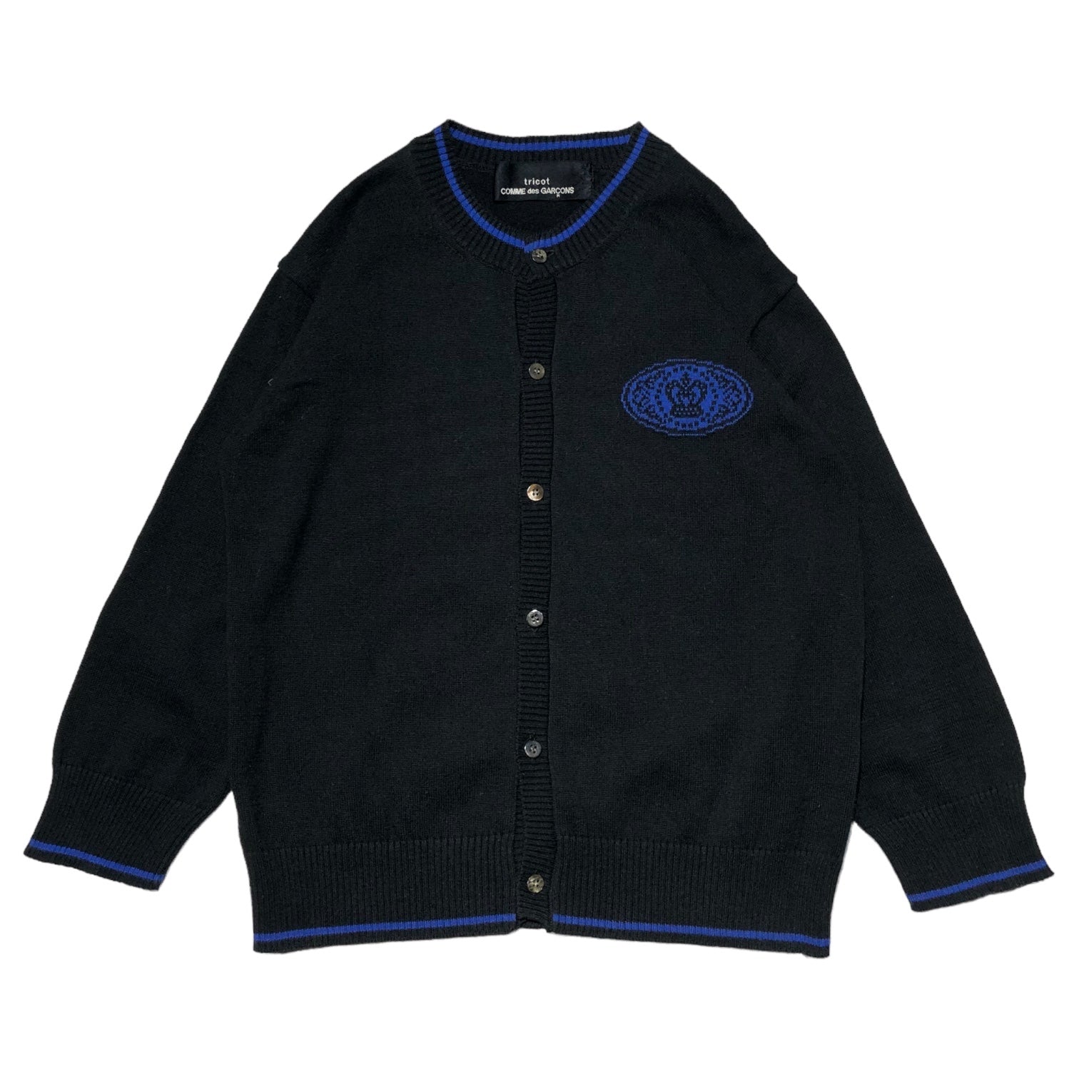 tricot COMME des GARCONS(トリココムデギャルソン) 02SS crew neck cotton cardigan クルーネック コットン カーディガン TF-N012 表記無し(M程度) ブラック×ブルー AD2002 ニット 王冠 ロゴ