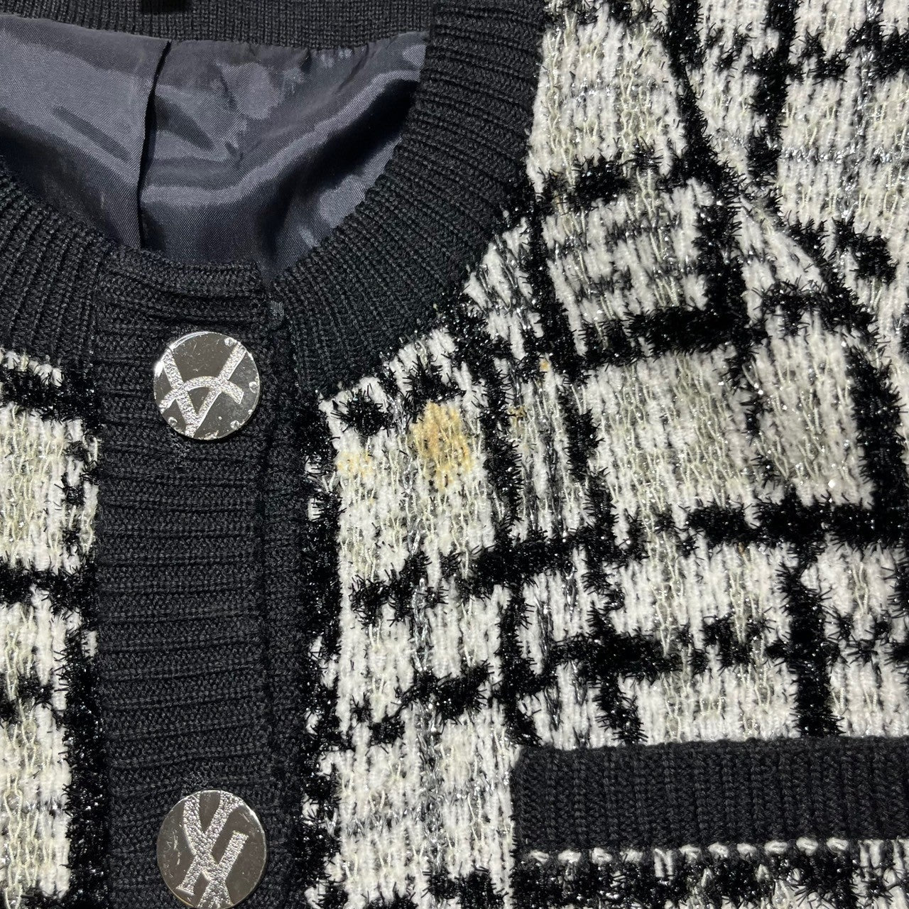 YVES SAINT LAURENT(イヴサンローラン) 90's lame no collar jacket ラメ ノーカラー ジャケット SU47A502 L ホワイト×ブラック 90年代 ヴィンテージ カーディガン ツイード