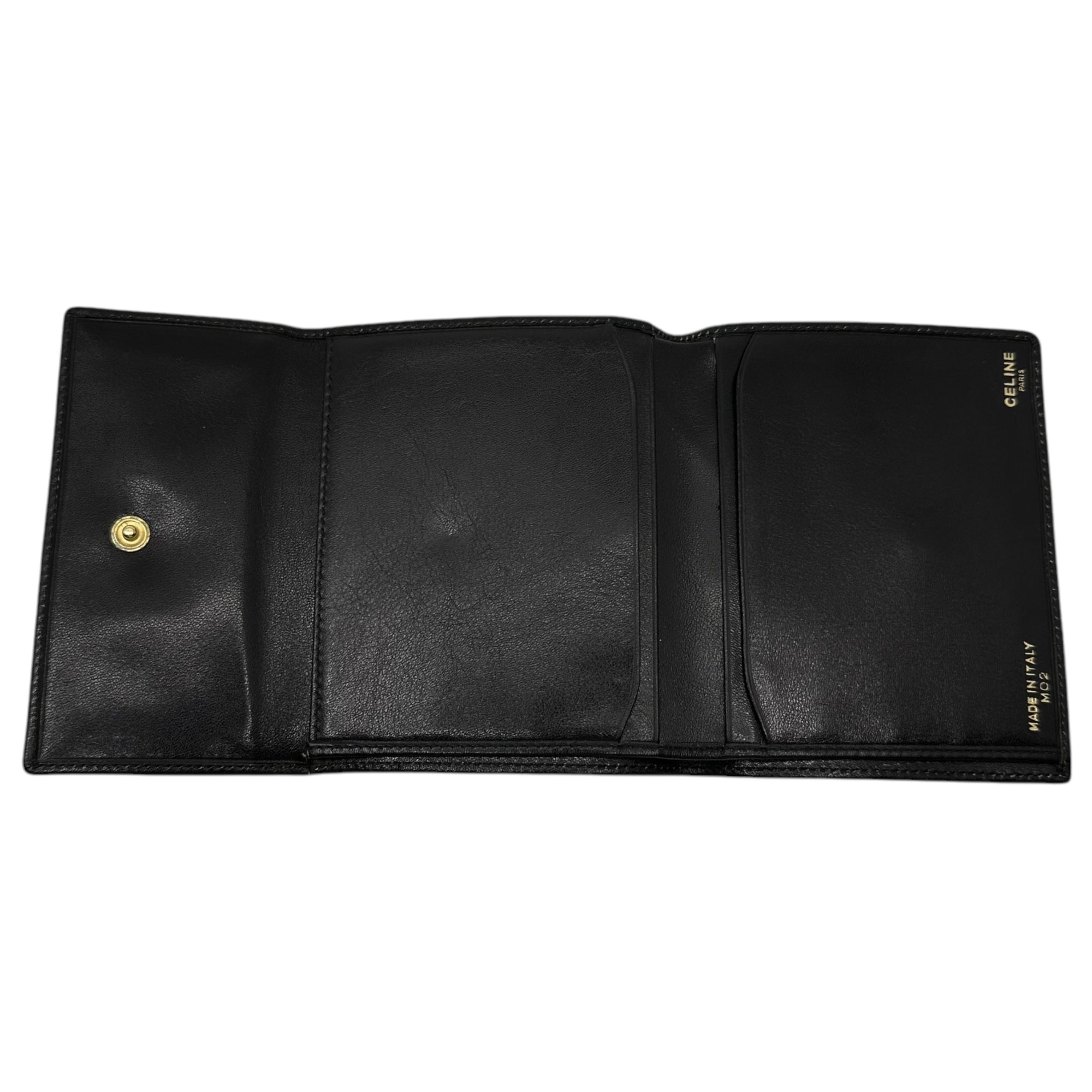 CELINE(セリーヌ) Vintage Trionf logo leather wallet ヴィンテージ トリオンフ ロゴ 金具 レザー 3つ折り 財布 M02 ブラック コンパクト ミニ OLD