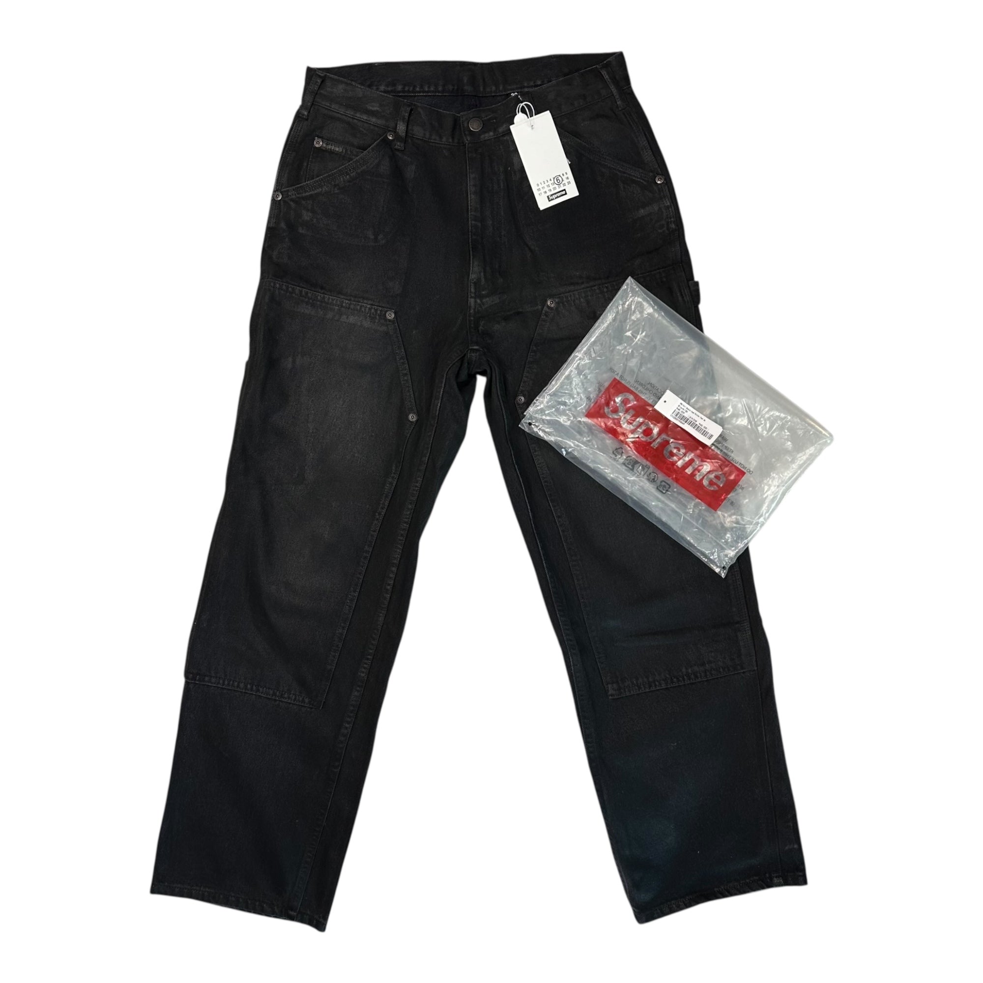 SUPREME×MM6 Maison Margiela(シュプリーム×エムエムシックス) 24SS Foil Double Knee Painter Pant フォイル ダブルニー ペインター パンツ 30 ブラック ペンキ加工 ワイド デニム コラボ