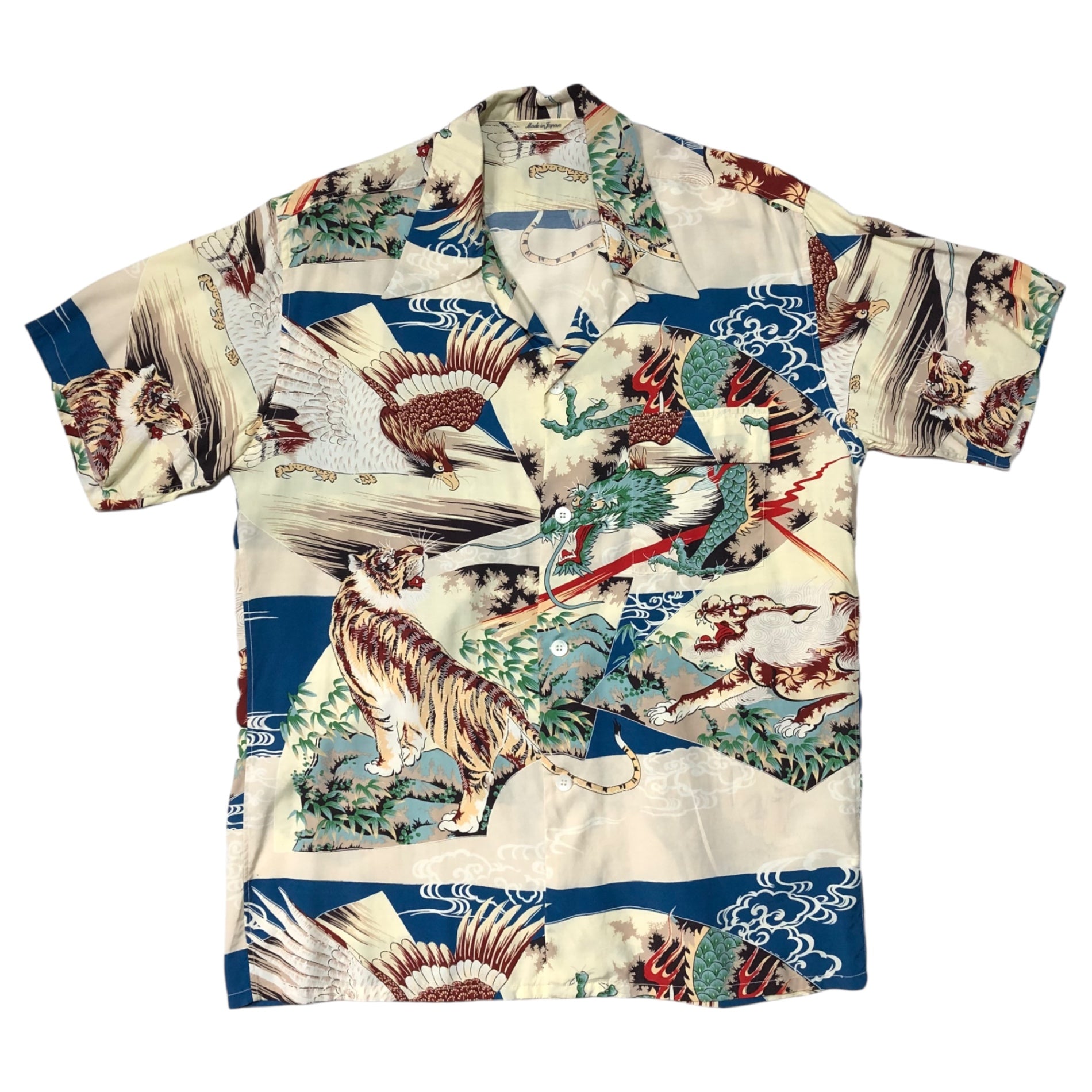 SUN SURF(サンサーフ東洋) RAYON S/S SPECIAL EDITION EAGLE, TIGER, DRAGON & LION レーヨン アロハ シャツ SS35498 L アイボリー×ネイビー 龍 ドラゴン 虎 タイガー