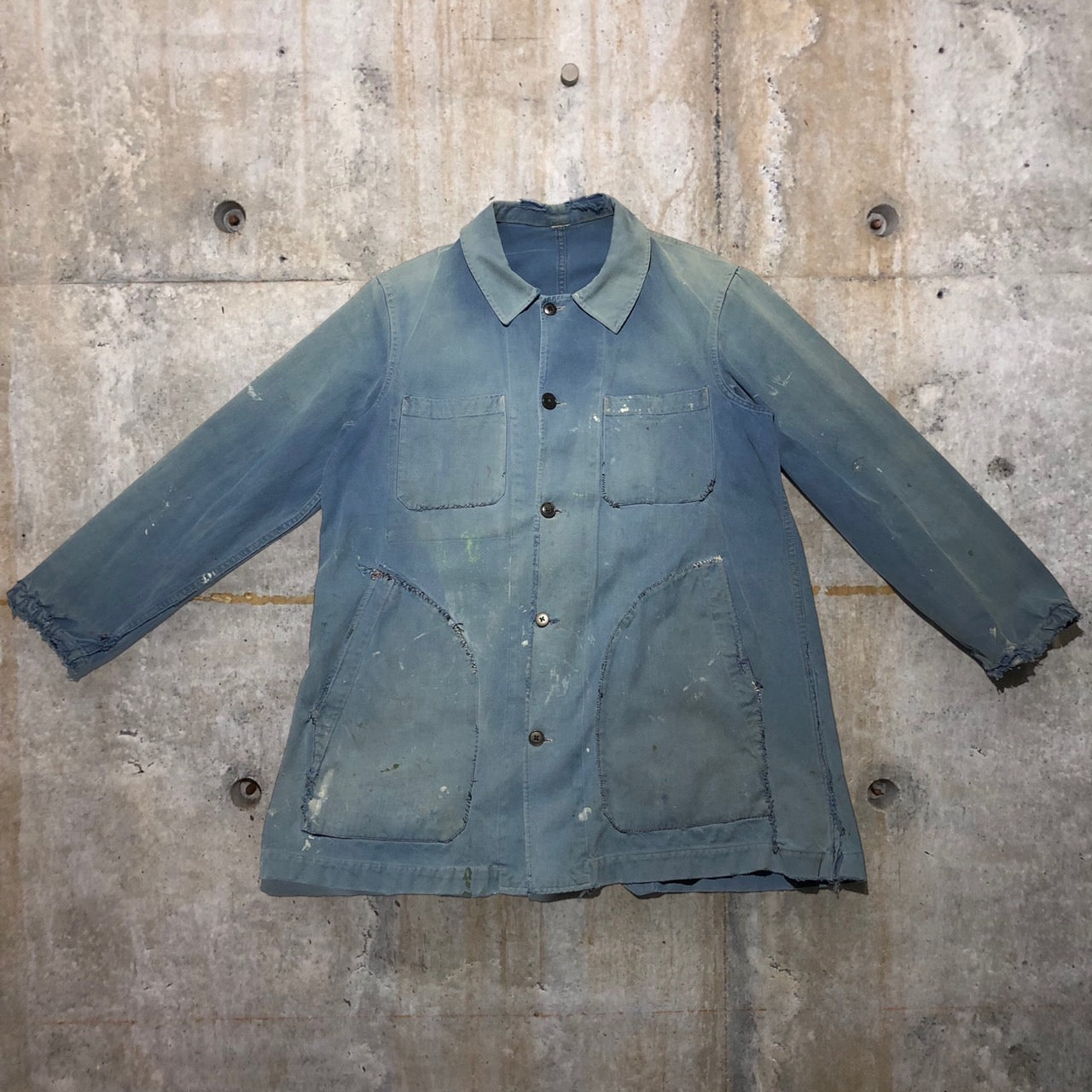 FRENCH WORK(フレンチワーク) 70~sモールスキンリメイクジャケット 表記なし(L程度) ブルー Dポケットカスタム、ステッチ・ペンキ加工