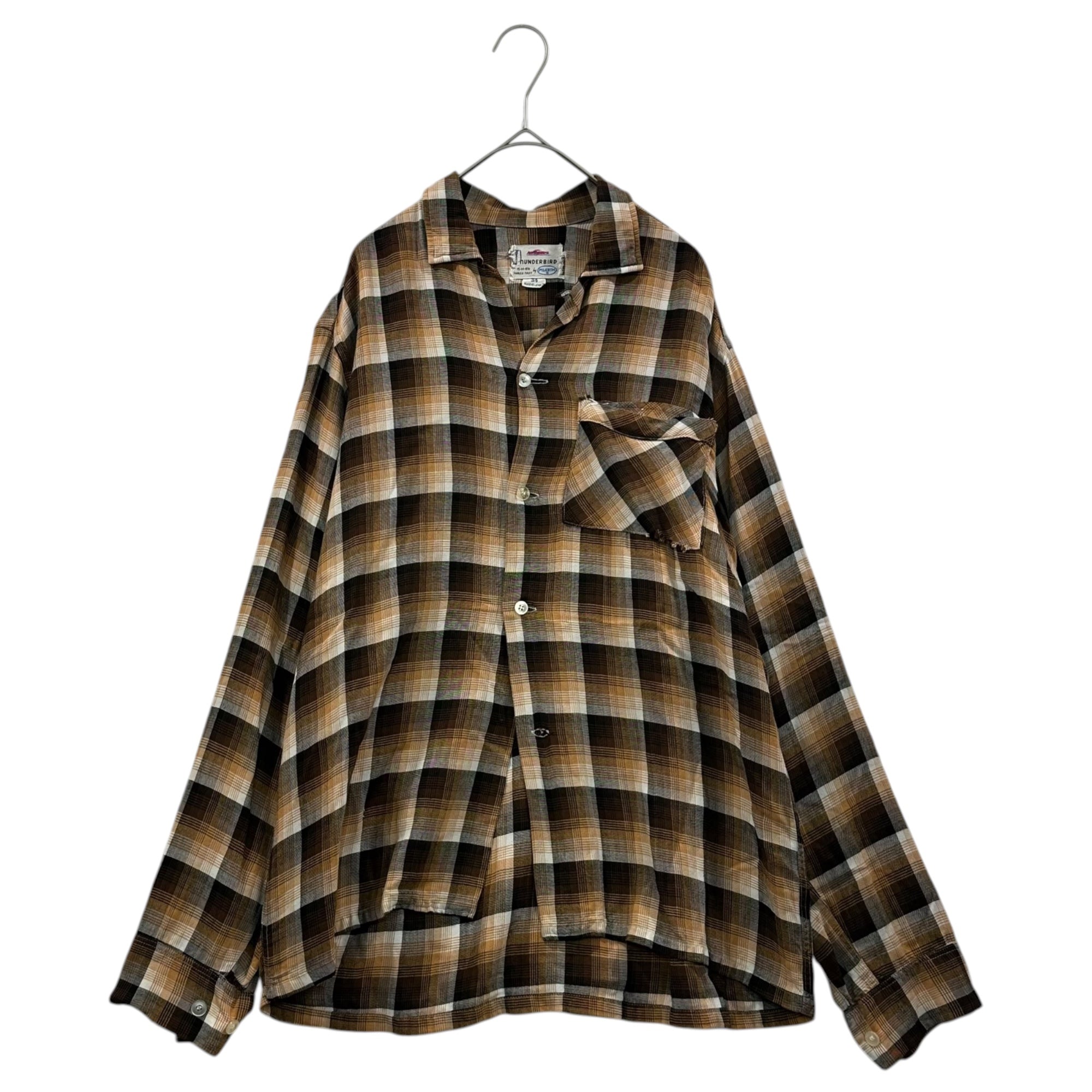 PILGRIM(ピルグリム) 60's THUNDERBIRD Ombre Check Rayon Open-Collar Shirt オンブレ チェック レーヨン オープンカラー シャツ 34(SM程度) ブラウン 60年代 開襟