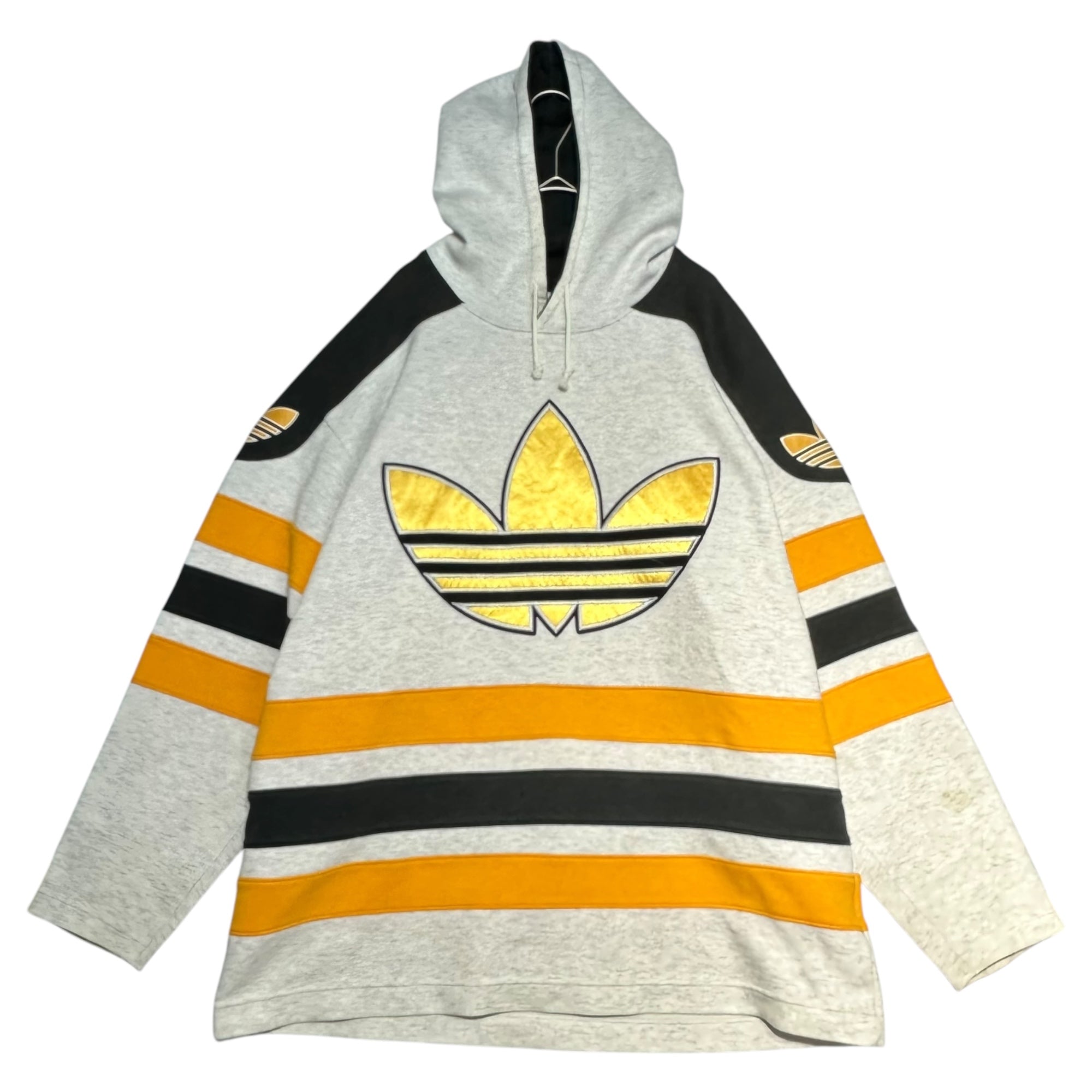 adidas(アディダス) 90’s Trefoil Logo Hoodie トレフォイル ロゴ フーディ AA-5213 M-L グレー×イエロー パーカー 90年代 ヴィンテージ 古着 デサント製