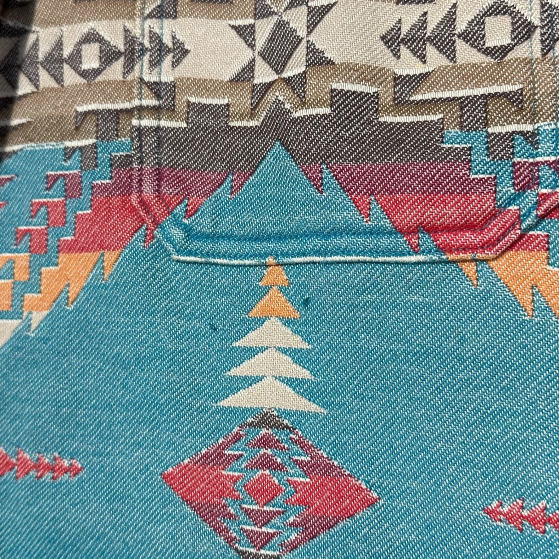 RRL(ダブルアールエル) NATIVE JACQUARD OVER SHIRT ネイティブ柄 コットン ジャガード エルボーパッチ シャツ ジャケット S ターコイズブルー×ブラウン