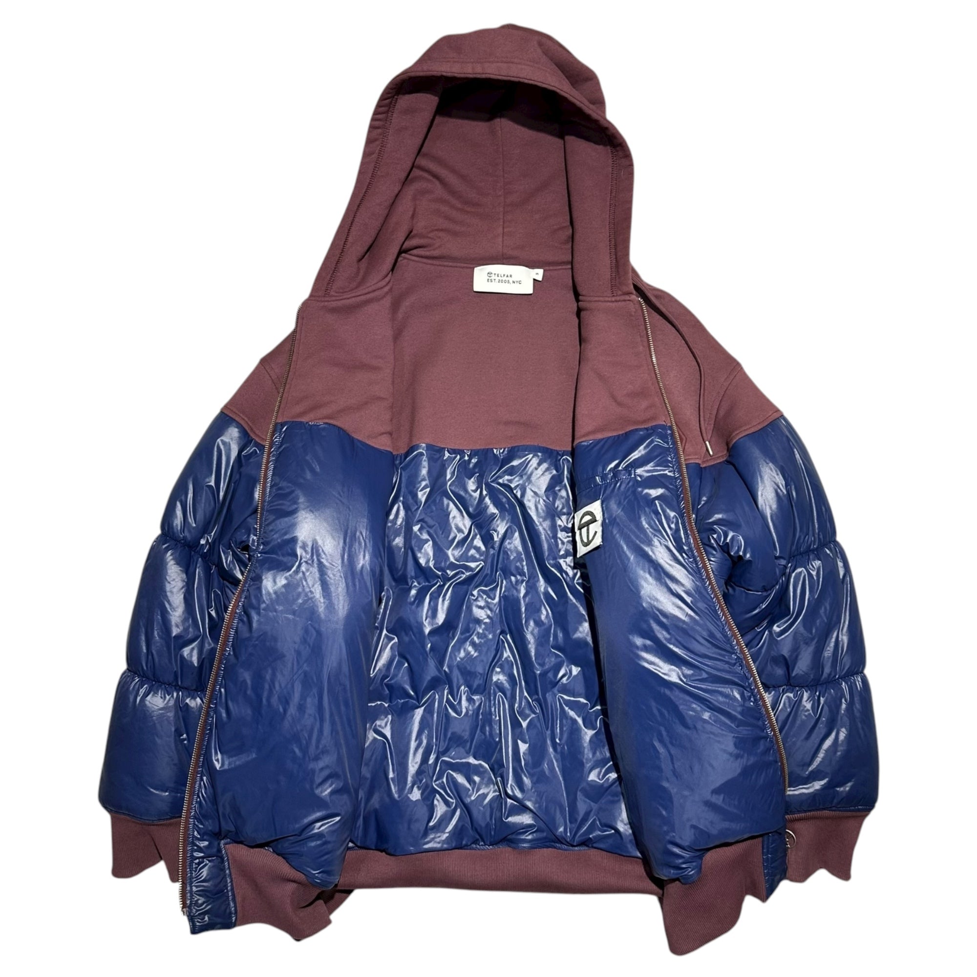 TELFAR(テルファー) Insulated Docking Zip-Up Hoodie 中綿 ドッキング ジップアップ パーカー フーディ fw20-pf-03-0xbl FREE バーガンディ×ブルー