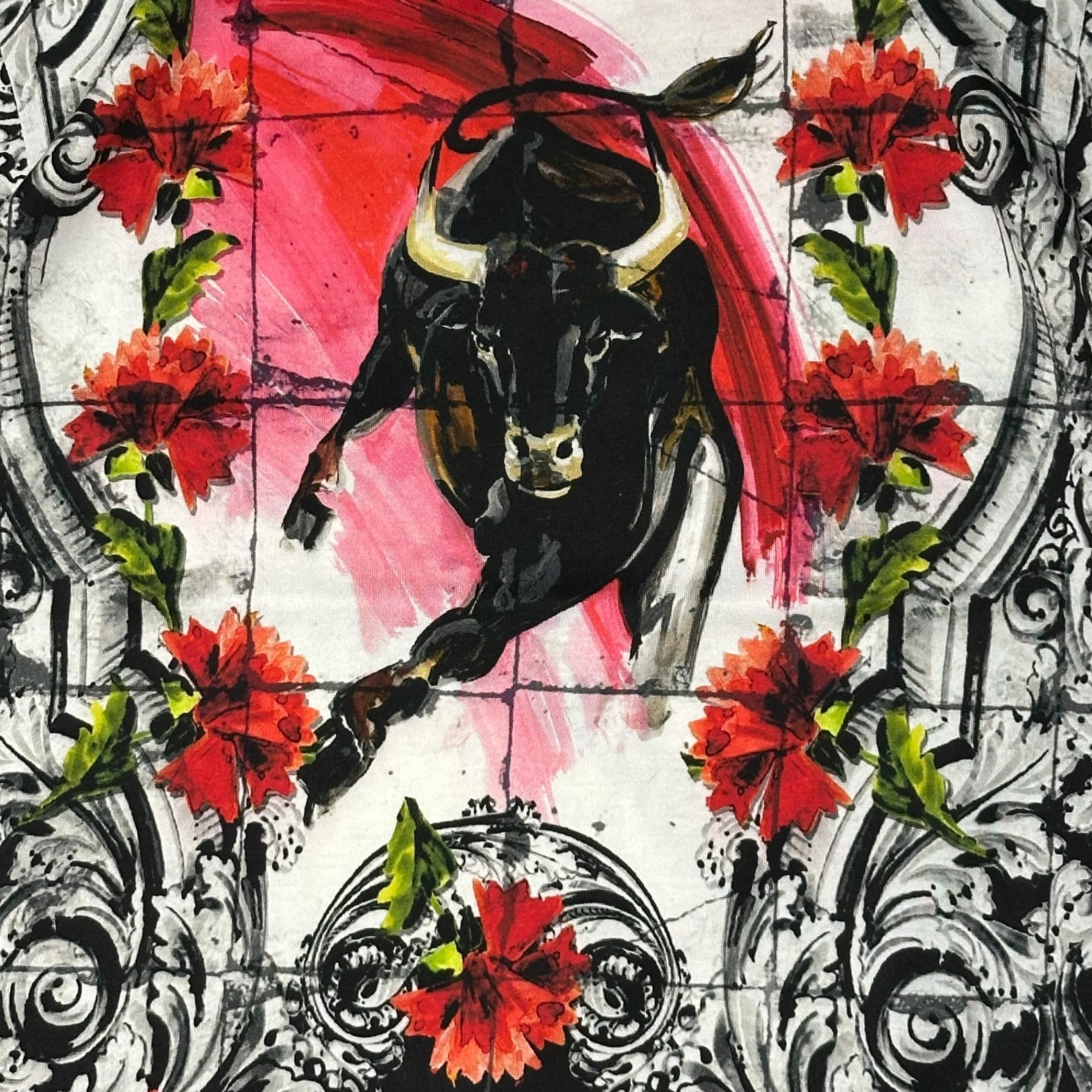 DOLCE&GABBANA(ドルチェ&ガッバーナドルガバ) Flower & Bull Graphic T-Shirt フラワー&ブル グラフィック Tシャツ G8FE9T G7DKH 44(XS程度) ホワイト×レッド 花 牛