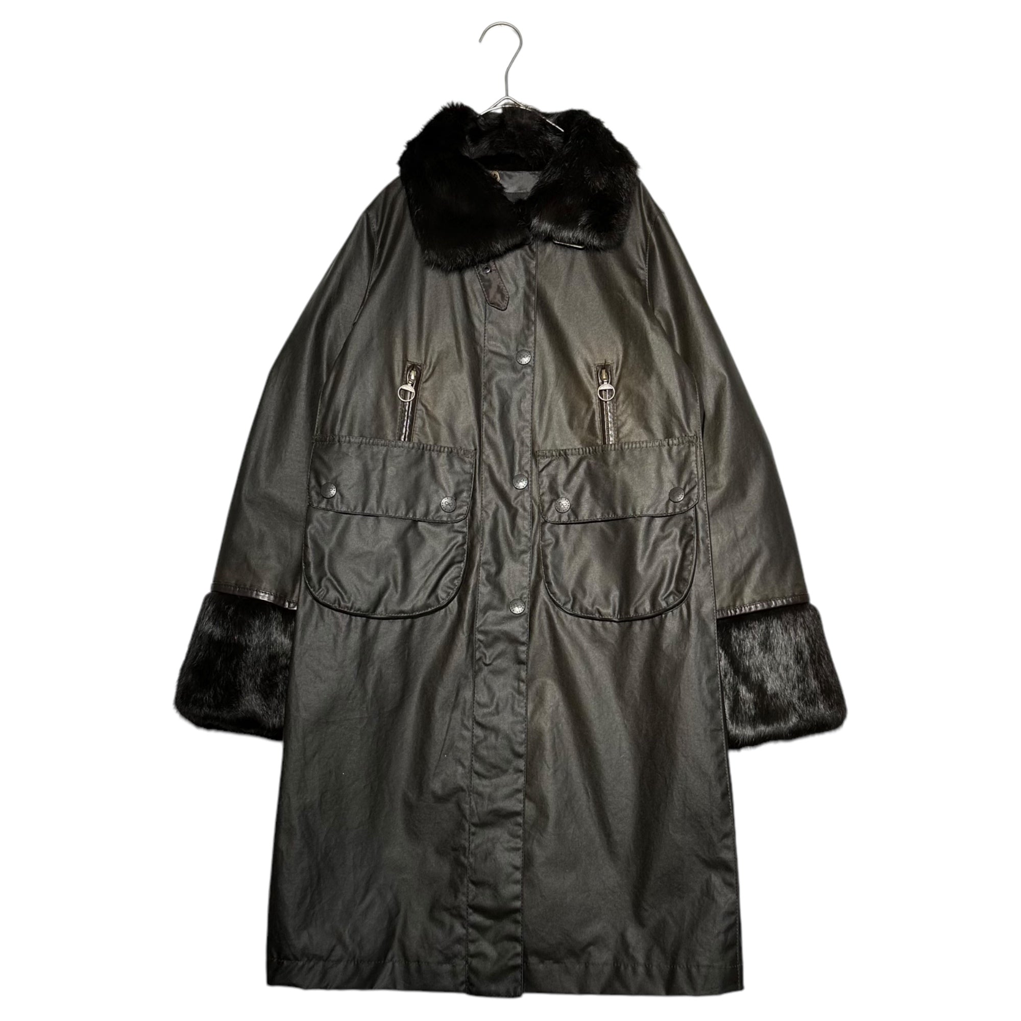 Barbour × ANYA HINDMARCH(バブアー × アニヤハインドマーチ) Fur-embellished oiled jacket coat ファー装飾 オイルド ジャケット コート 34(XS~S程度) ダークブラウン コラボアイテム 稀少品