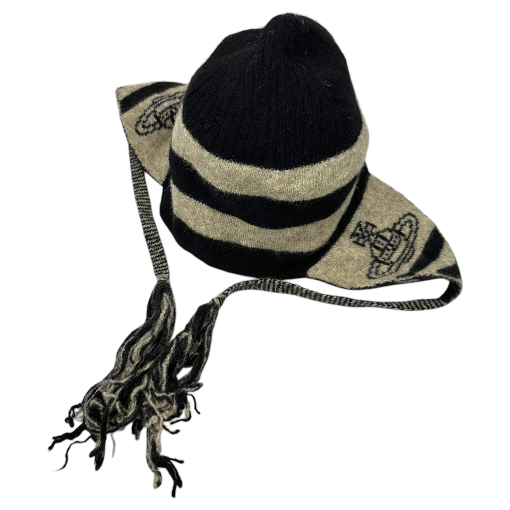 Vivienne Westwood ACCESSORIES(ヴィヴィアンウエストウッドアクセサリー) 00's knit hat with ear flaps 耳当て付き ニット帽 ブラック×グレー ムーンバットタグ Y2K ビーニー