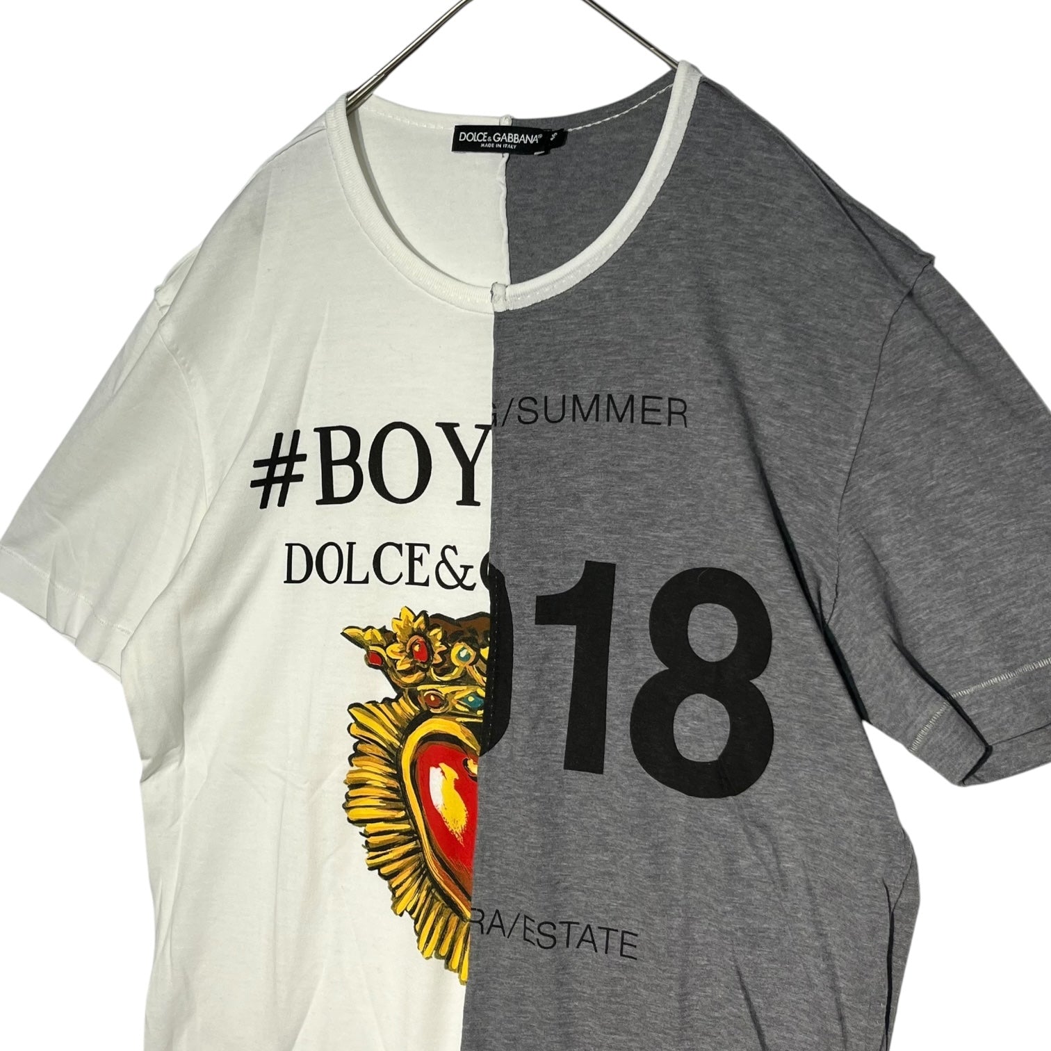 DOLCE&GABBANA(ドルチェ&ガッバーナドルガバ) Logo print reconstruction T-shirt ロゴ プリント 再構築 切替 Tシャツ G8IZ2T G7OKU 46(M程度) ホワイト×グレー