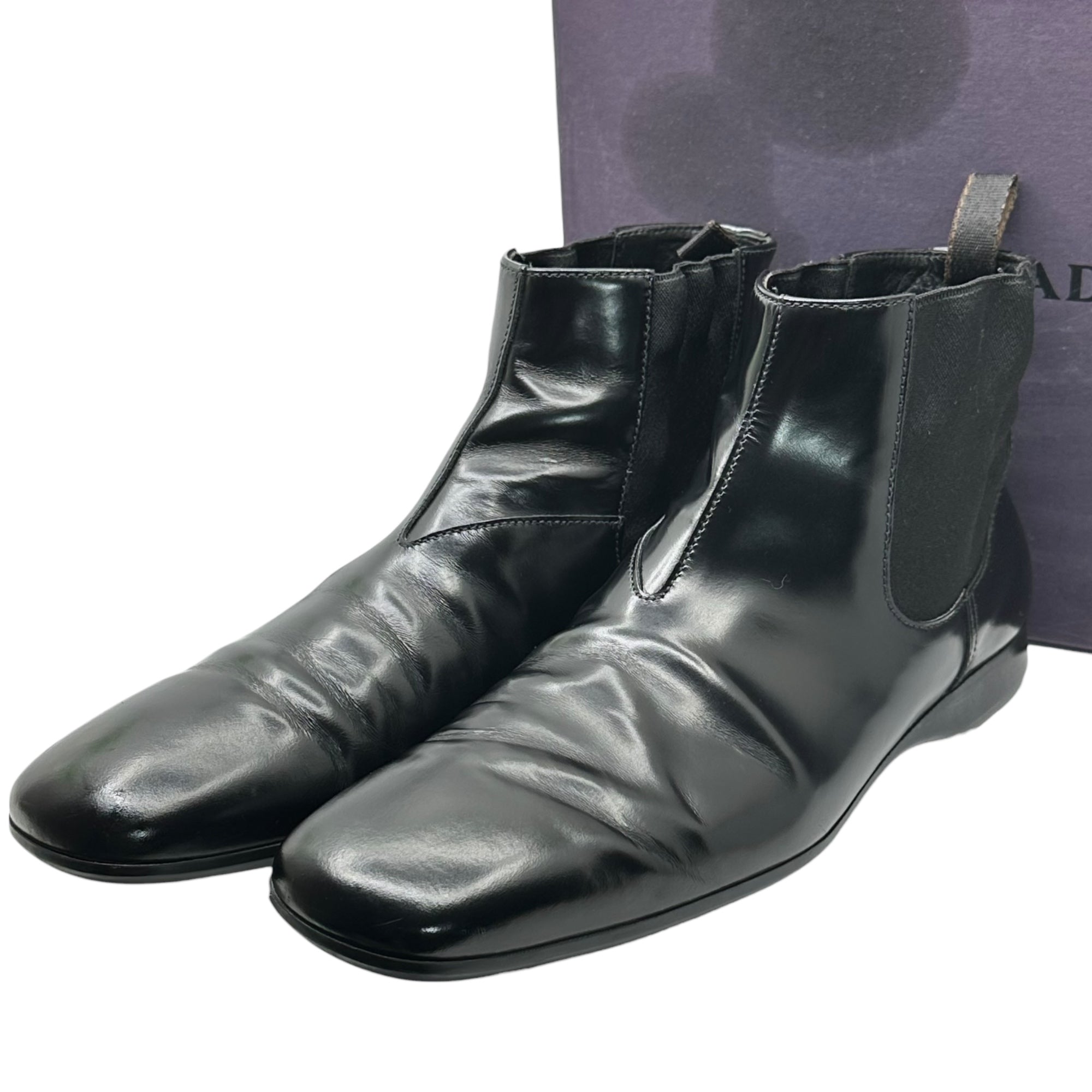 PRADA(プラダ) High-Shine Leather Square Toe Side-Gore Boots ハイシャイン レザー スクエアトゥ サイドゴア ブーツ T1544 7(26cm程度) ブラック