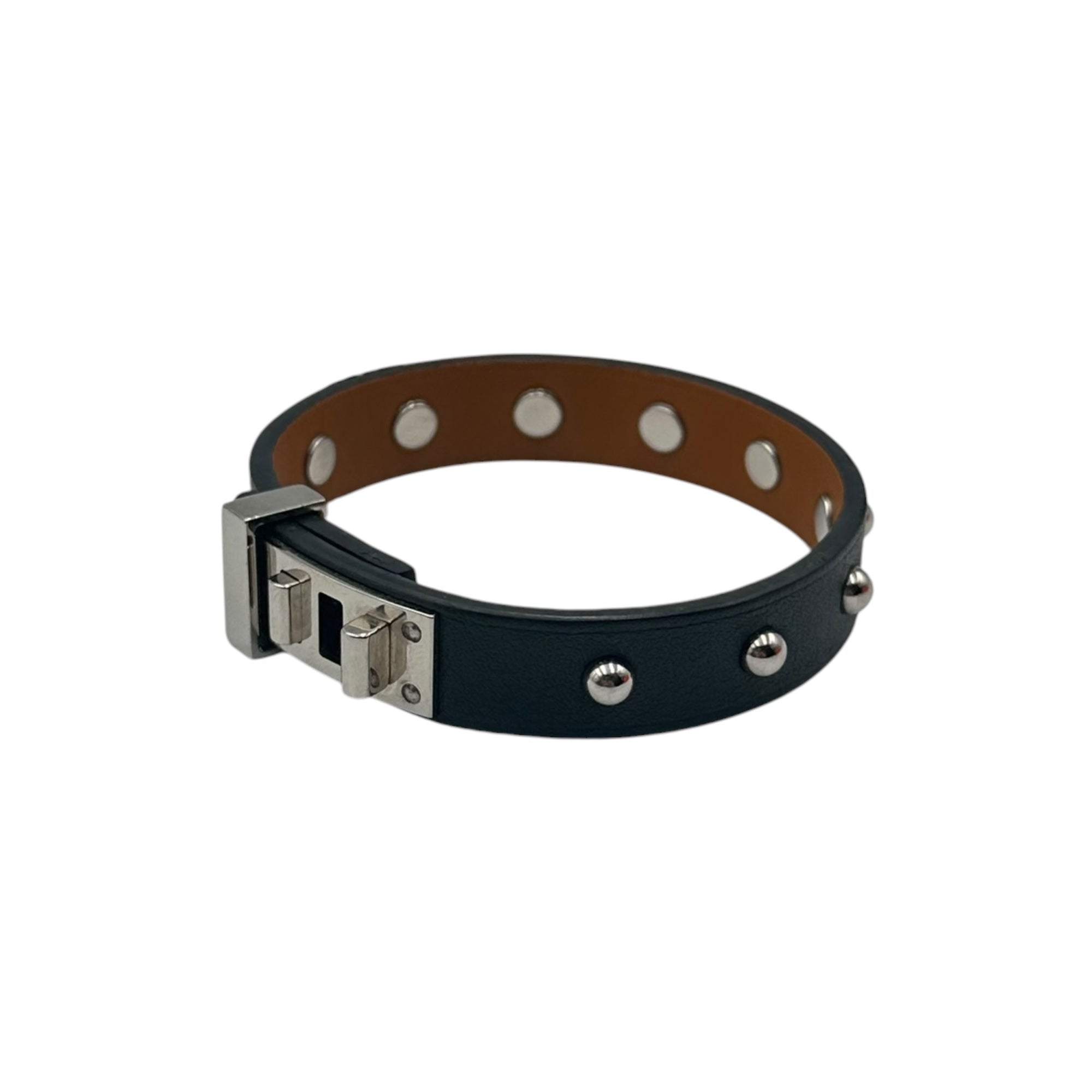HERMES(エルメス) Mini Dog Clous Ronds Bracelet ミニ ドッグ クルーロン ブレスレット ブラック×シルバー X刻印 2016年製 レザー スタッズ