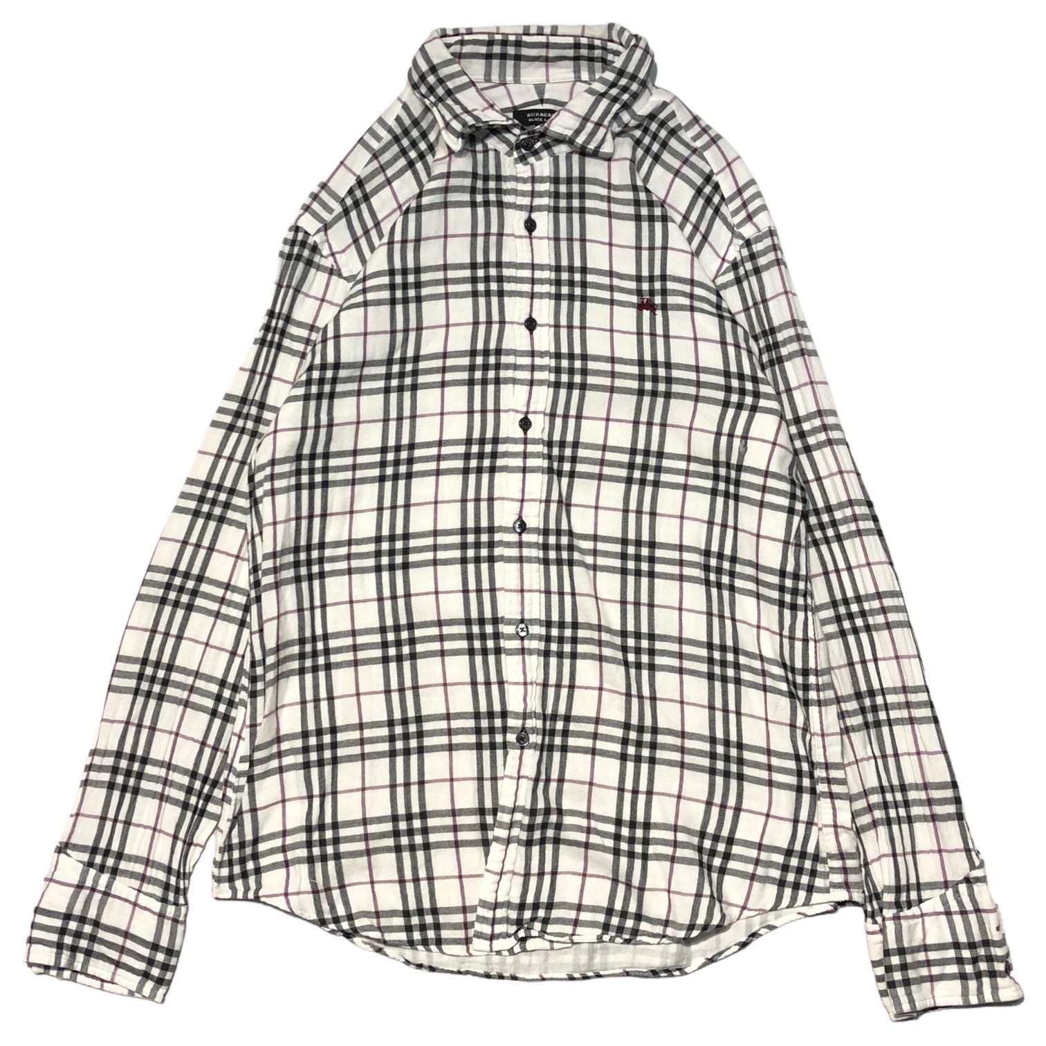 BURBERRY BLACK LABEL(バーバリーブラックレーベル) ロゴ 刺繍 タータン チェック コットン 長袖 シャツ BMW04-903-02 3(L程度) ホワイト