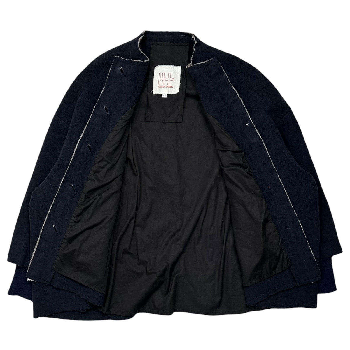 H+ HANNOH WESSEL(アッシュプリュスアノーヴェセル) Wo/ Co Collarless Layered Jacket ノーカラー コットン ウール レイヤード ジャケット 42 ネイビー