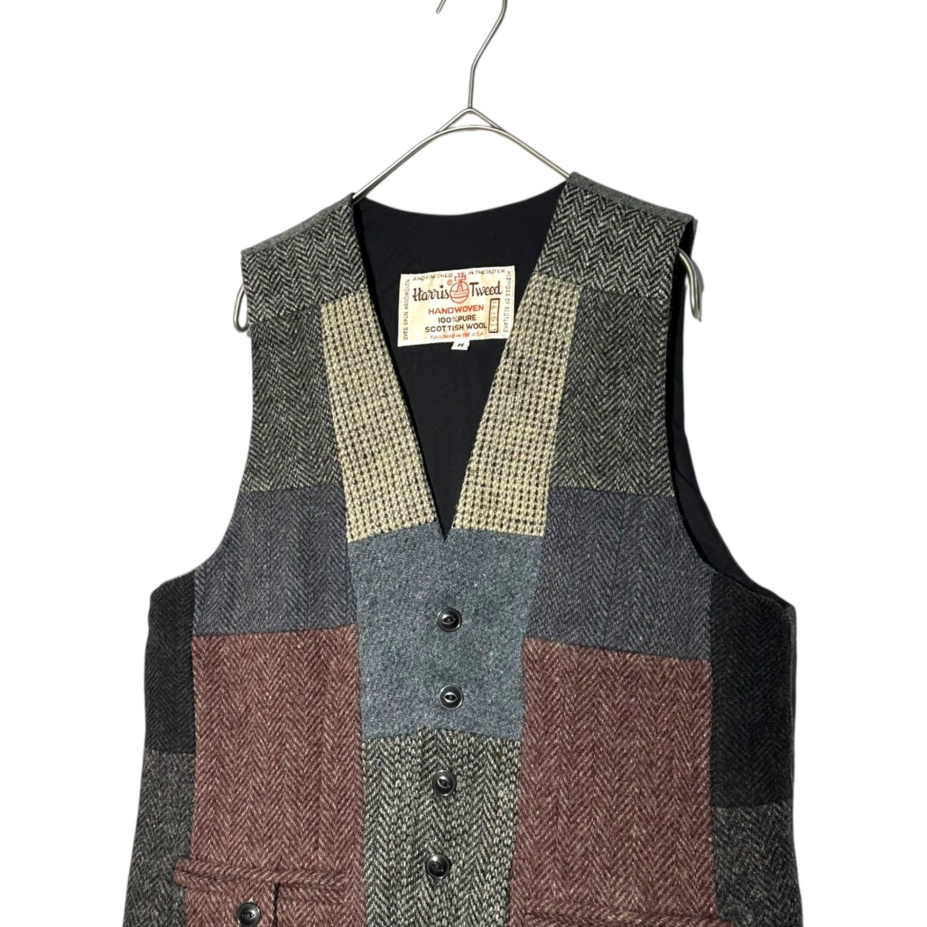 Harris Tweed(ハリスツイード) 90's Patchwork Wool Tweed Gilet パッチワーク ウール ツイード ジレ M グレー×ボルドー 90年代 ベスト