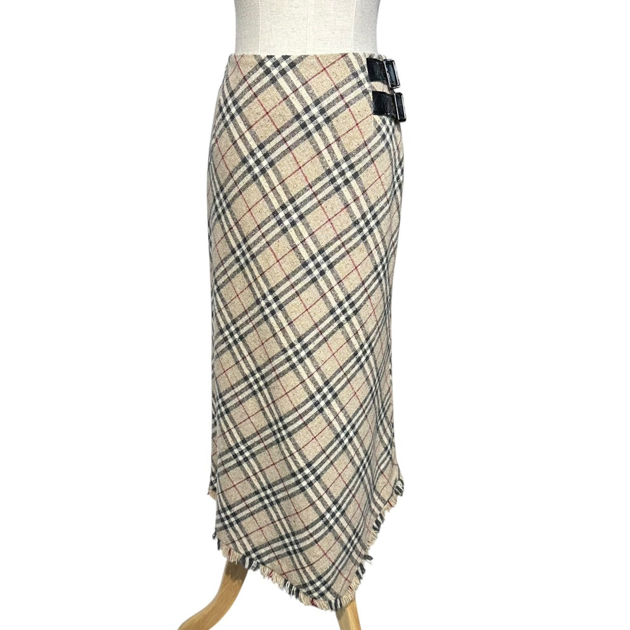 BURBERRY LONDON(バーバリーロンドン) Nova Check Angora Cashmere Blend Leather Belt Long Skirt ノヴァチェック アンゴラ カシミヤ ブレンド レザー ベルト ロング スカート FX058-074 36(S程度) ベージュ