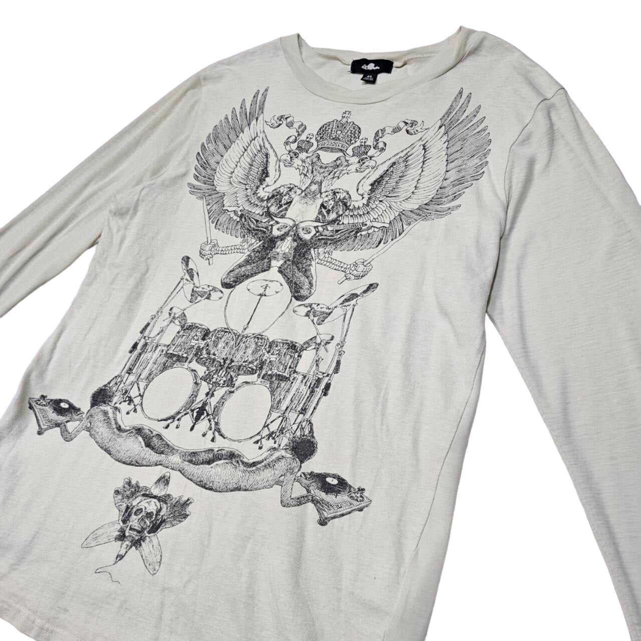 LAD MUSICIAN(ラッドミュージシャン) 初期 フェニックスドラムグラフィック袖切替長袖カットソー/Tシャツ/鳥/王冠 44(Sサイズ程度) ホワイト 初期タグ