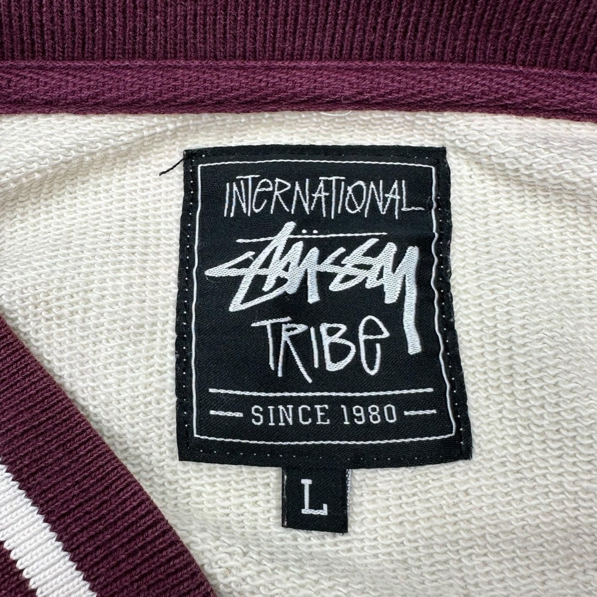 STUSSY(ステューシー) Cotton Sweatshirt Stadium Jacket コットン スウェット スタジアム ジャケット L ホワイト×ボルドー THE INTERNATIONAL ATHLETICS スタジャン