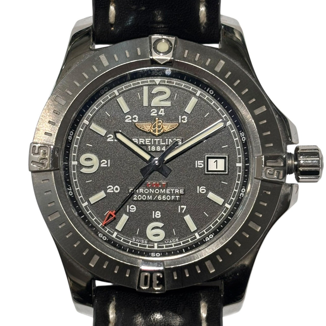 BREITLING(ブライトリング) COLT date quartz コルト デイト クオーツ 腕時計 A74388 ブラック 本体のみ 純正レザーブレスレット レザー ベルト ウォッチ