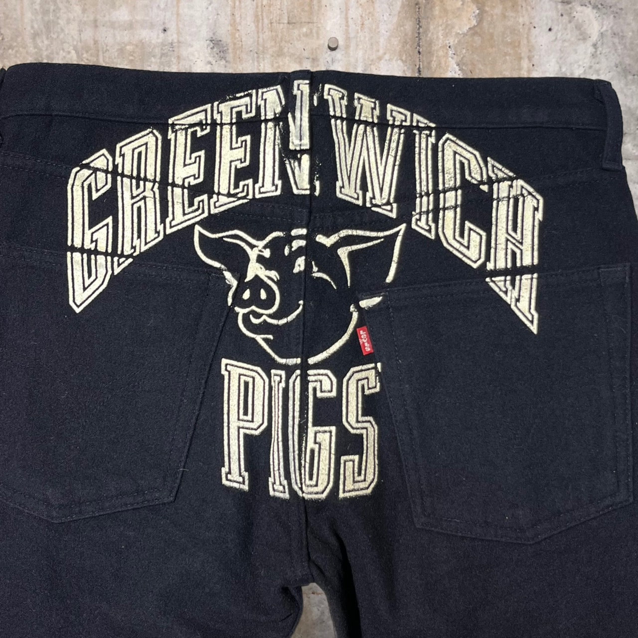 COMME des GARCONS JUNYA WATANABE MAN×LEVI'S(コムデギャルソンジュンヤワタナベマン×リーバイス) 02AW college logo wool pants/カレッジペイントウールパンツ WG-P045 S ネイビー×ホワイト AD2002 JUNYA WATANABE立ち上げ最初期 豚プリント