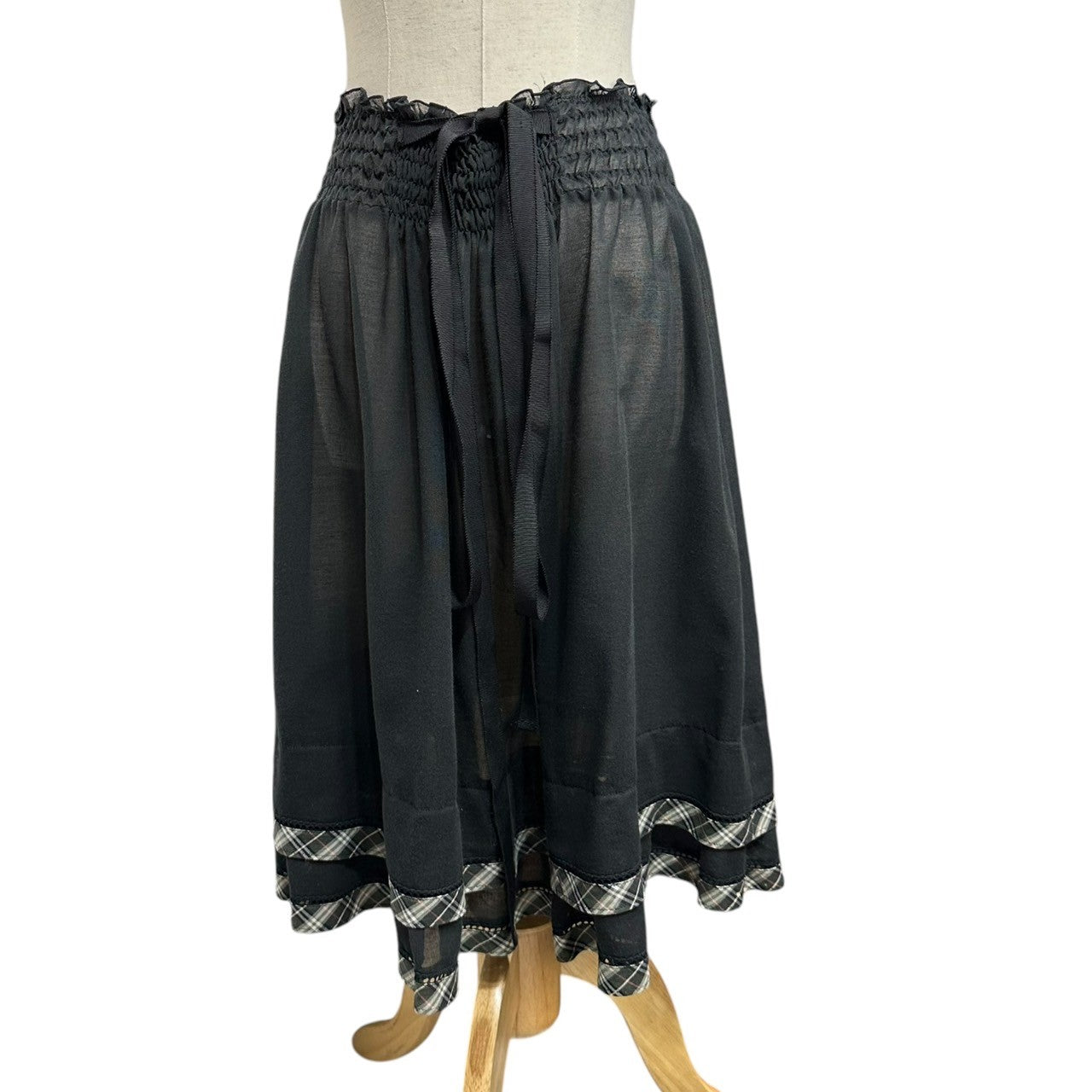 BURBERRY BLUE LABEL(バーバリーブルーレーベル) 裾 バーバリー チェック シアー ウール コットン ひざ丈 スカート ペチコート 付 FLF55-543-09 38(M程度) ブラック