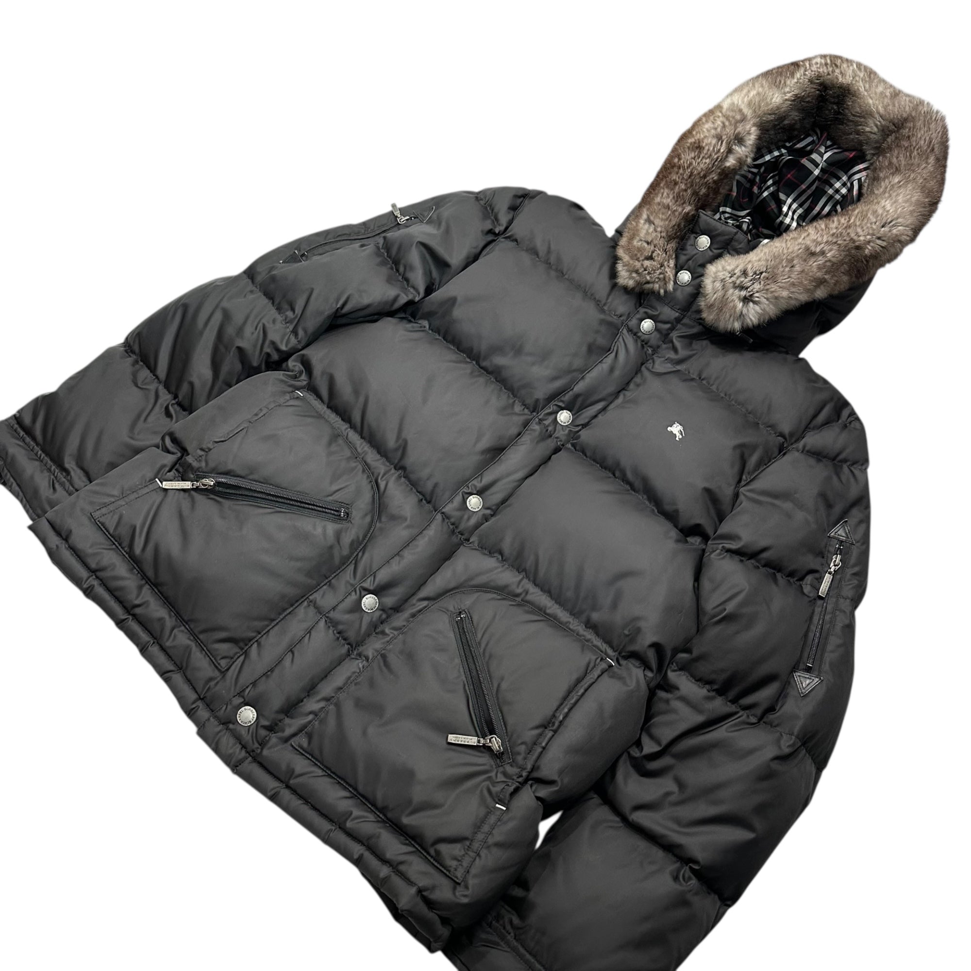 BURBERRY BLACK LABEL(バーバリーブラックレーベル) Burberry Check Lined Rabbit Fur Down Jacket バーバリーチェック ライニング ラビットファー ダウン ジャケット BMP04-904-09 L ブラック