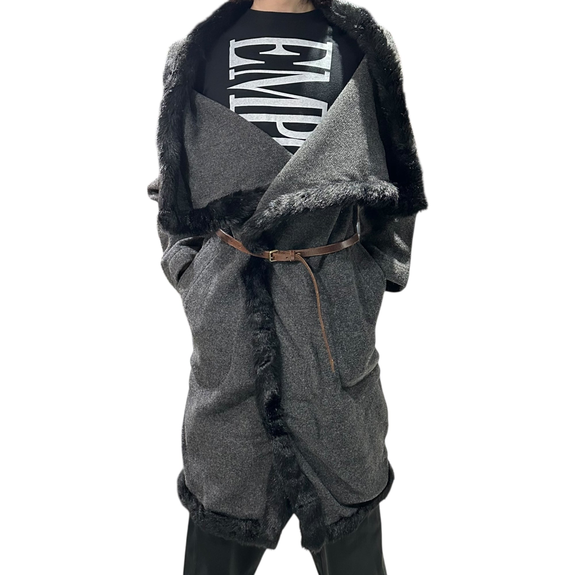 tricot COMME des GARCONS(トリココムデギャルソン) 99AW Vintage Eco-Fur Decorative Wool Long Gown Coat ヴィンテージ エコファー 装飾 ウール地 ロング ガウン コート 羽織 TC-070040 FREE グレー×ブラック AD1999