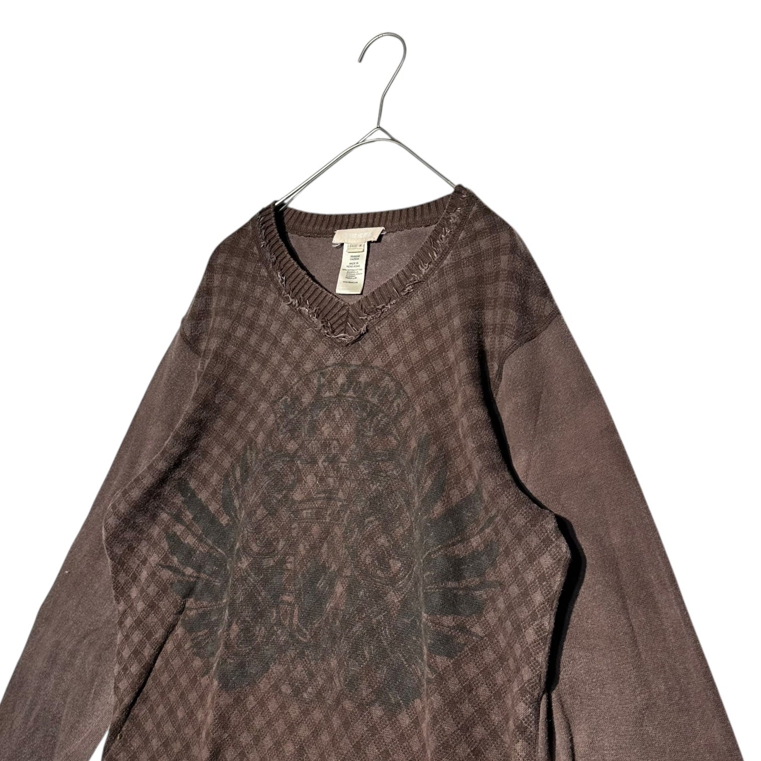 DIESEL(ディーゼル) 00's Front Print V-Neck Check Long Sleeve Sweatshirt Cut and Sewn フロントプリント Vネック チェック 長袖 スウェット カットソー M ボルドー Y2K