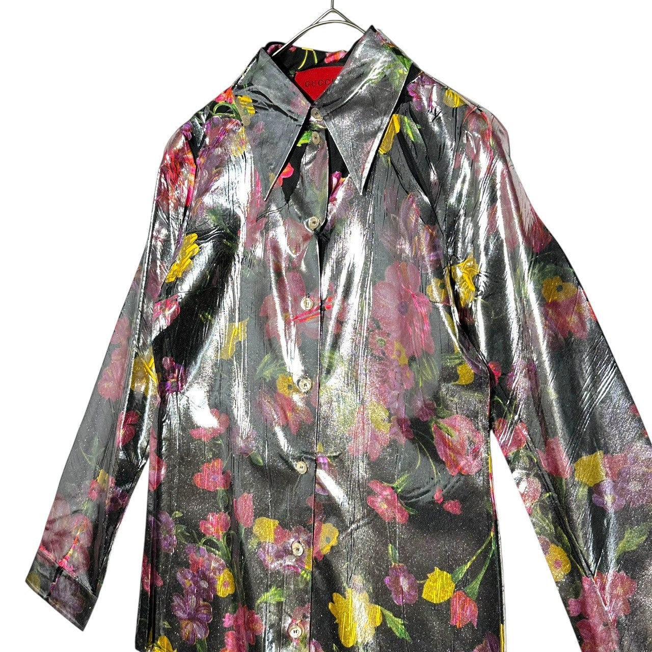 GUCCI(グッチ) 18SS All-over silk floral laminated long sleeve shirt シルク総花柄 ラミネート加工 長袖シャツ WJ0 506489 36(S程度) シルバー×ピンク アレッサンドロ・ミケーレ氏デザイン期