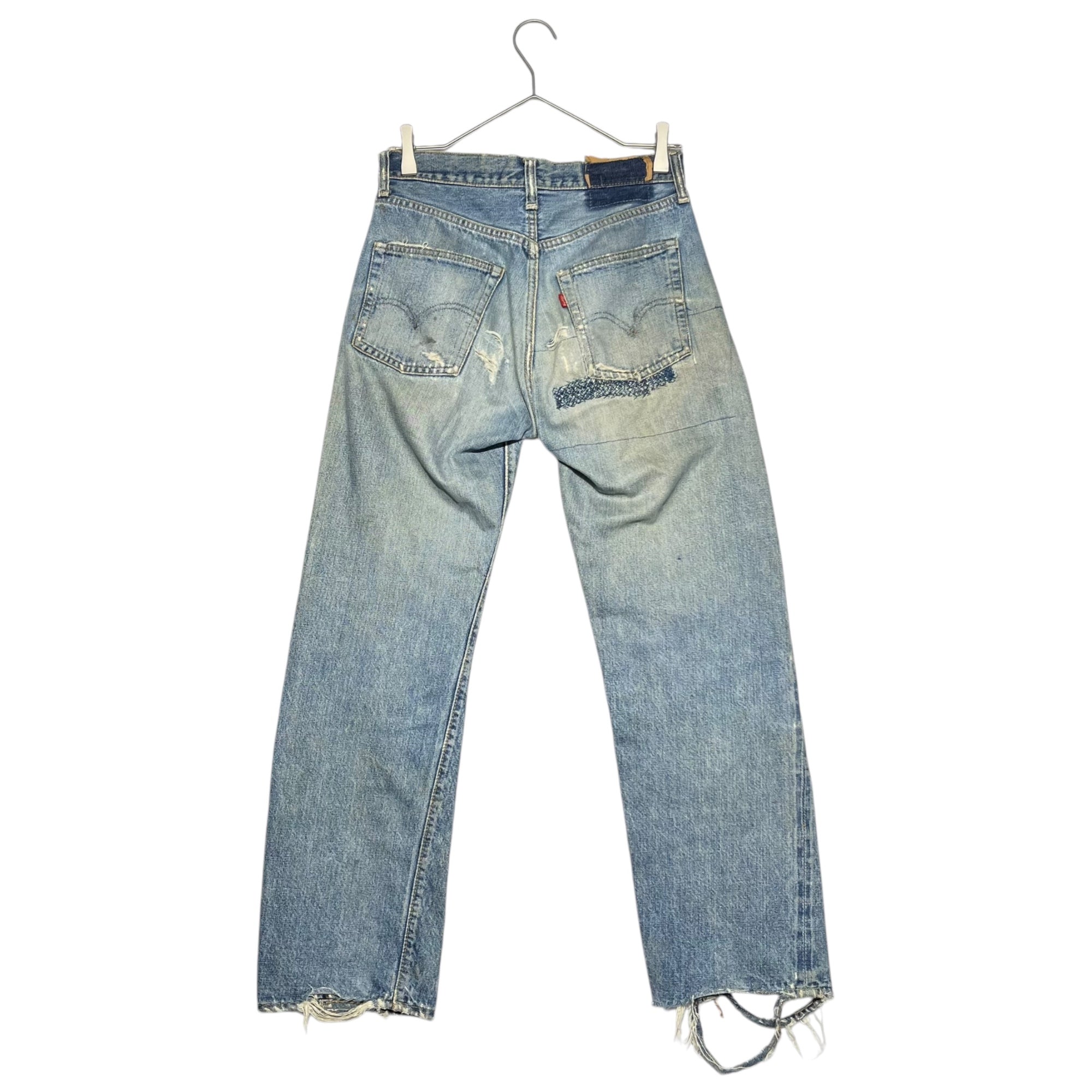 Levi's(リーバイス) 70's BIG E ~ 66前期 移行期 501 Vintage straight denim pants ヴィンテージ ストレート デニム パンツ 表記無し(実寸W28) ライトインディゴ 裏ボタン6 シングルステッチ 66BIGE