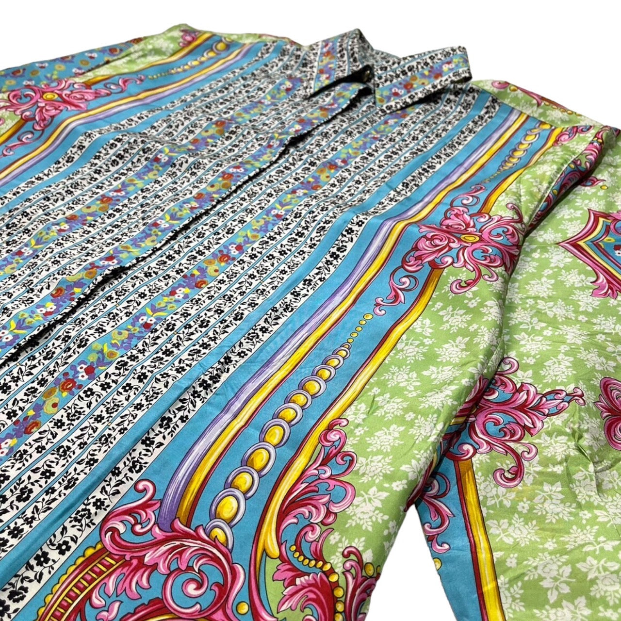 VERSUS VERSACE(ヴェルサスヴェルサーチ) 90~00's allover scarf shirt/総柄スカーフシャツ/デザインボタン/ヴィンテージ SIZE 40/26(Lサイズ程度) ブルー×ピンク シルク100%/フラワーストライプ