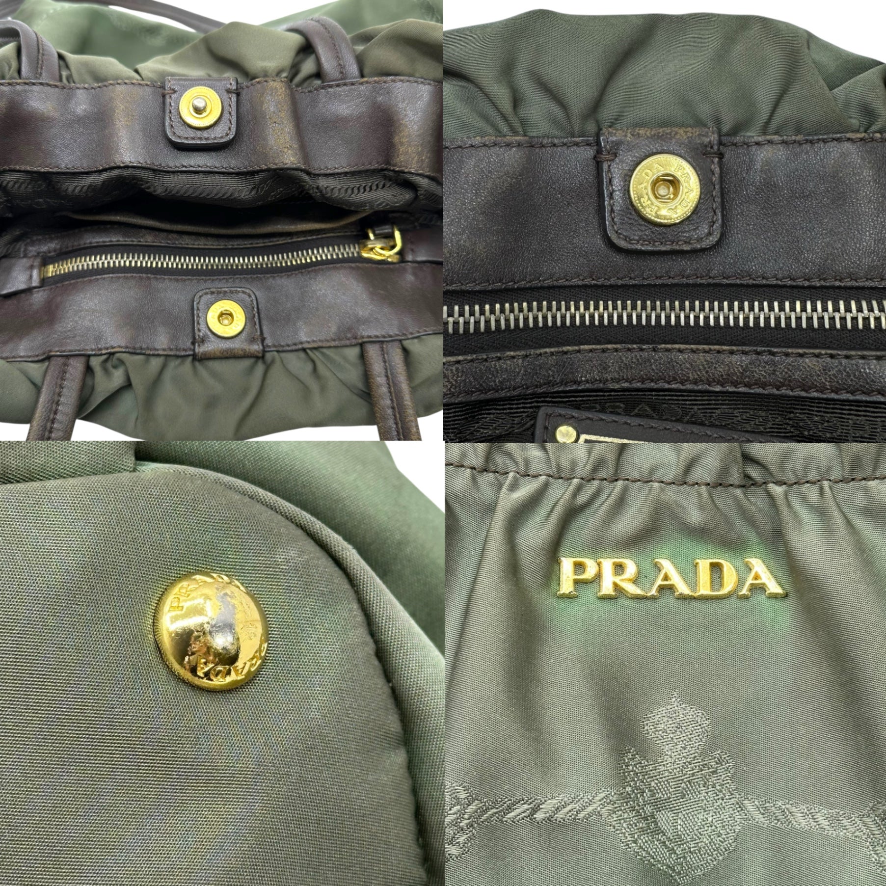 PRADA(プラダ) Logo Nylon Drawstring Tote Bag ロゴ ナイロン 巾着 トート バッグ BR4366 オリーブ×ブラウン ハンド 肩掛け ワンショルダー