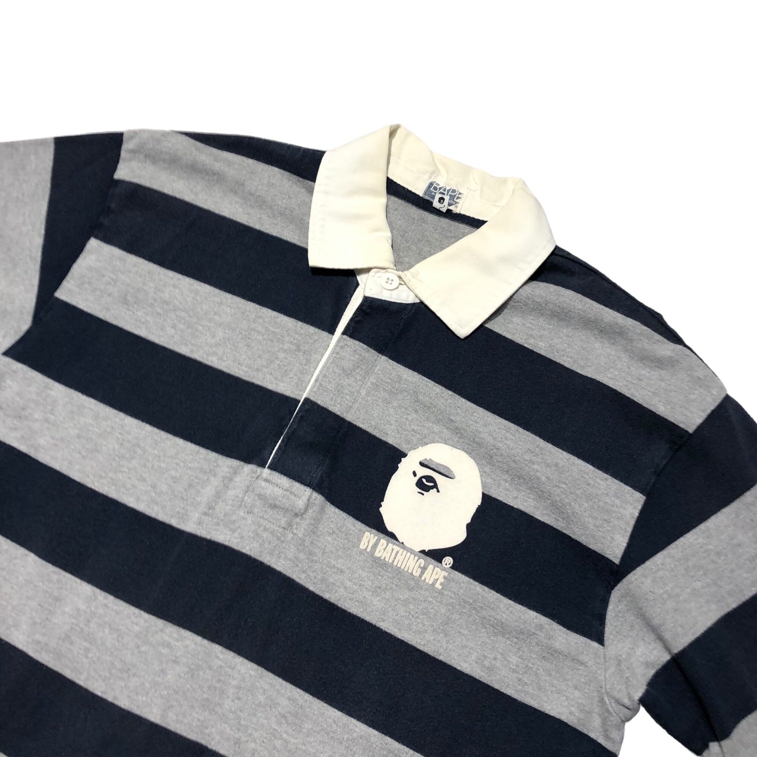 A BATHING APE(アベイシングエイプ) 00's One point logo border rugby shirt ワンポイント ロゴ ボーダー ラガー シャツ L グレー×ネイビー ポロシャツ