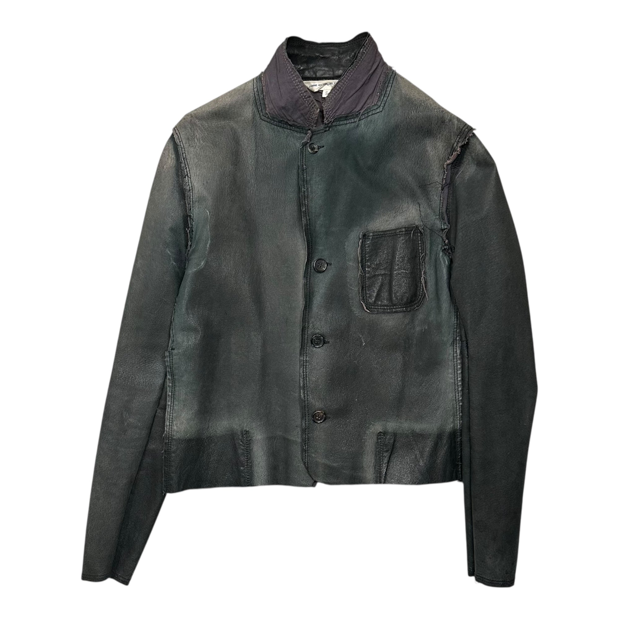 COMME des GARCONS SHIRT(コムデギャルソンシャツ) 90's Small Collar Grunge Short-Length Leather Jacket 90年代 スモールカラー グランジ ショートレングス レザー ジャケット S グレー 裾カットオフリメイク