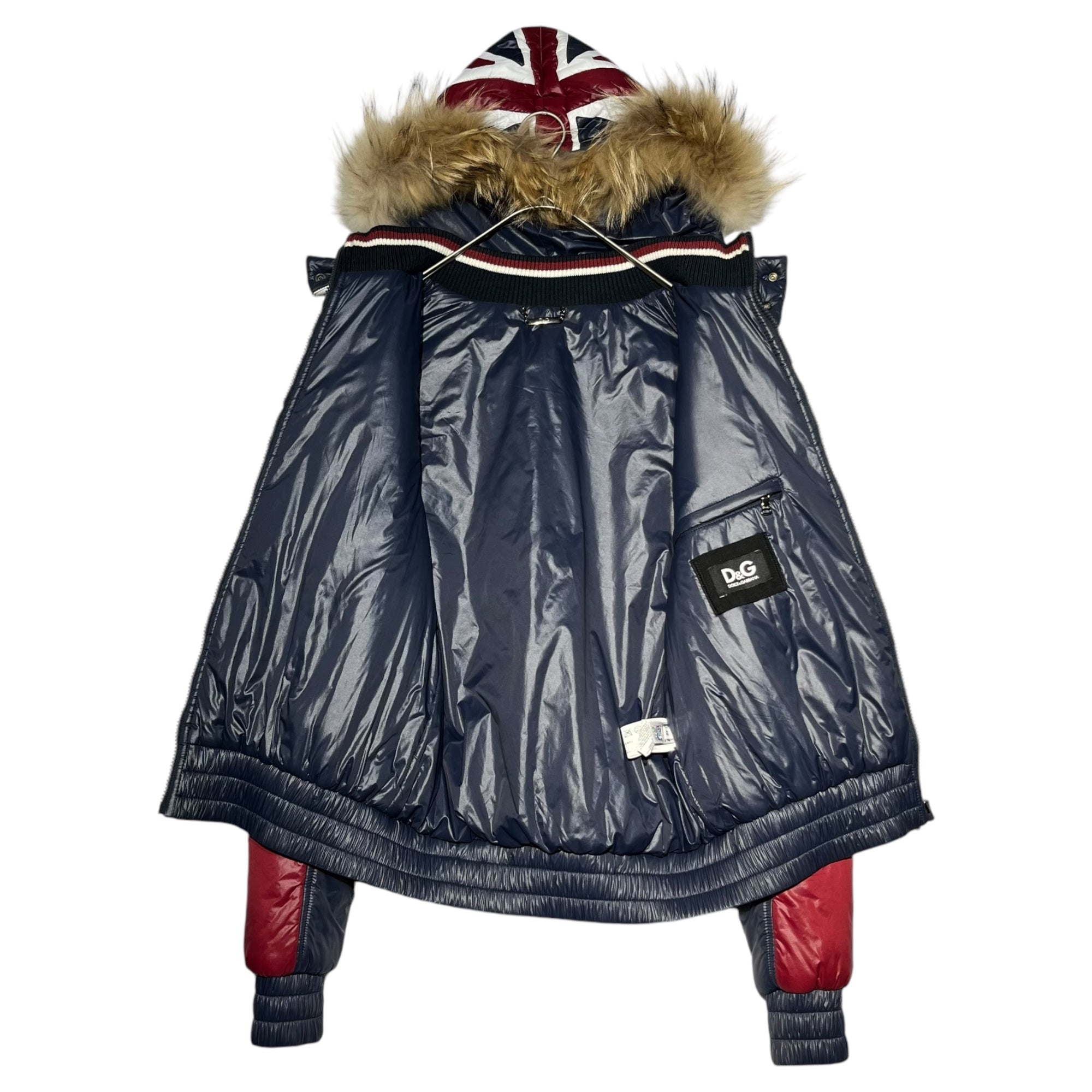 DOLCE&GABBANA(ドルチェ&ガッバーナドルガバ) 00's Union Jack Hoodie Fur Paddet Jacket ユニオンジャック フーディー ファー 中綿 ジャケット 46(M程度) レッド×ネイビー