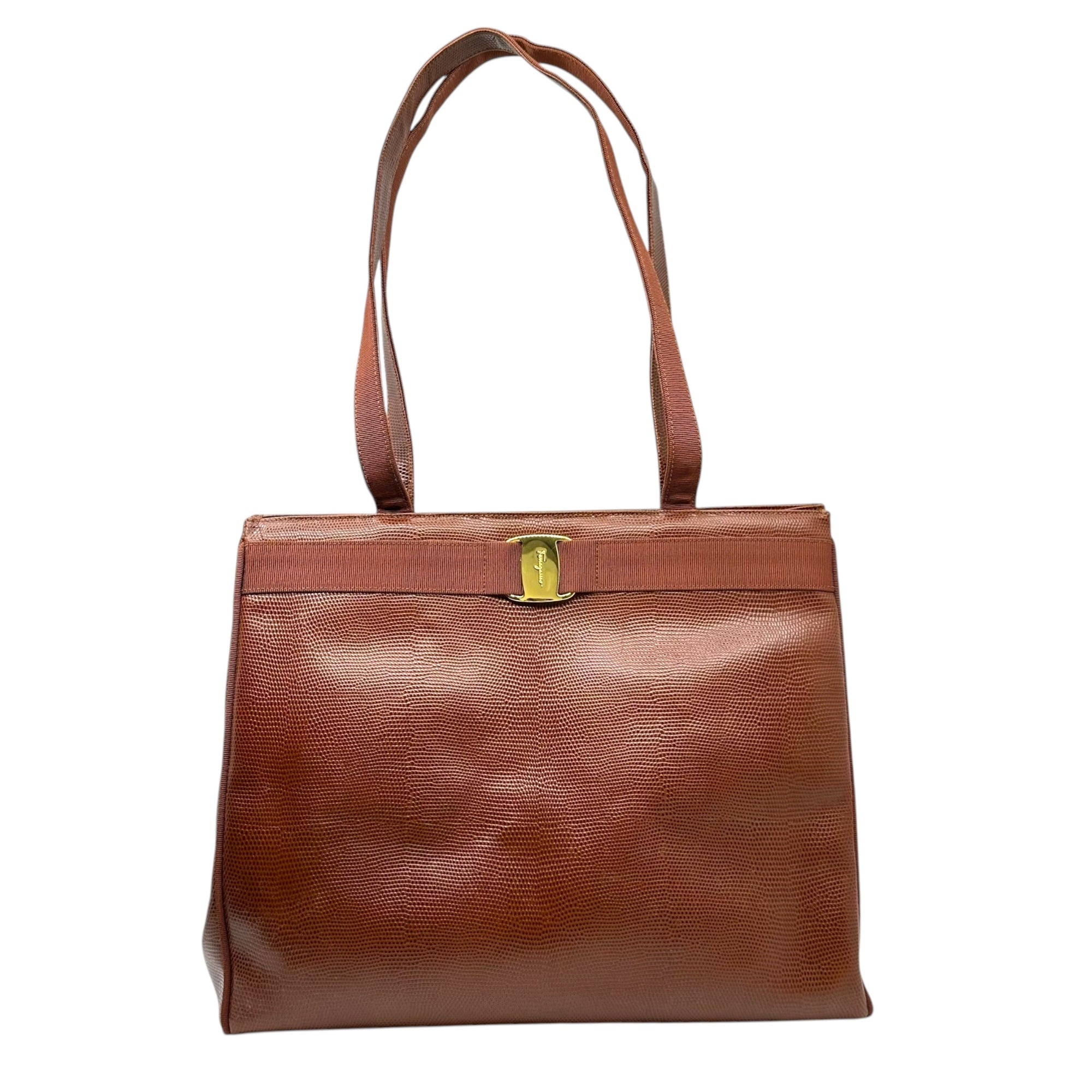 Salvatore Ferragamo(サルヴァトーレフェラガモ) Stamped leather Vala ribbon leather tote bag 型押し レザー ヴァラ リボン レザー トート バッグ HD-212530 ブラウン 肩掛け ハンド