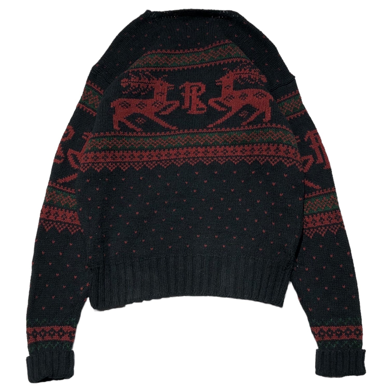 POLO RALPH LAUREN(ポロラルフローレン) 90’s nordic pattern logo knit ノルディック 柄 ロゴ ニット M ネイビー×レッド 90年代 コットン ヴィンテージ クルーネック