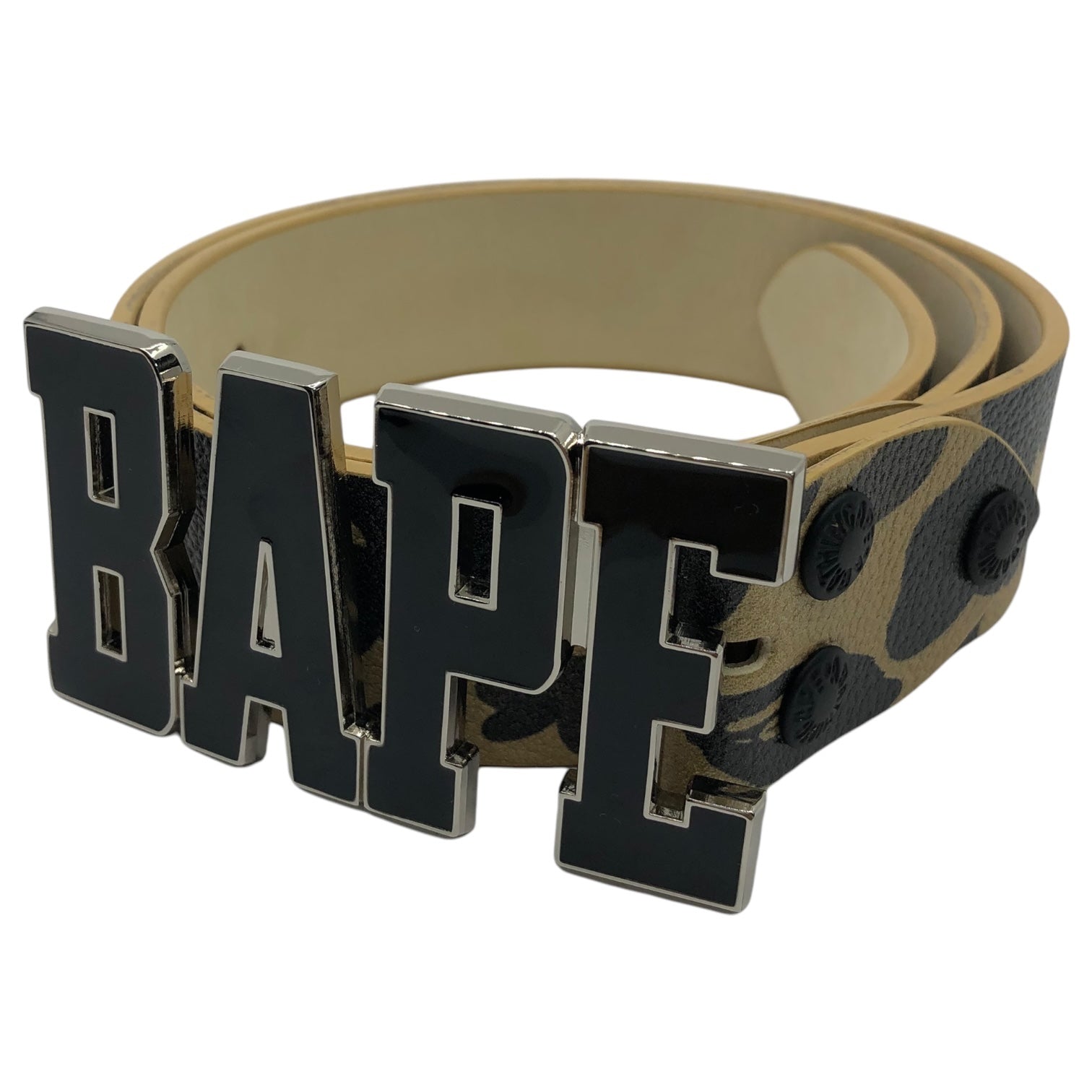 A BATHING APE(アベイシングエイプ) 00's "BAPE" buckle fast camo leather belt ロゴ バックル ファースト カモ レザー ベルト M カーキ カモフラ 日本製 Y2K