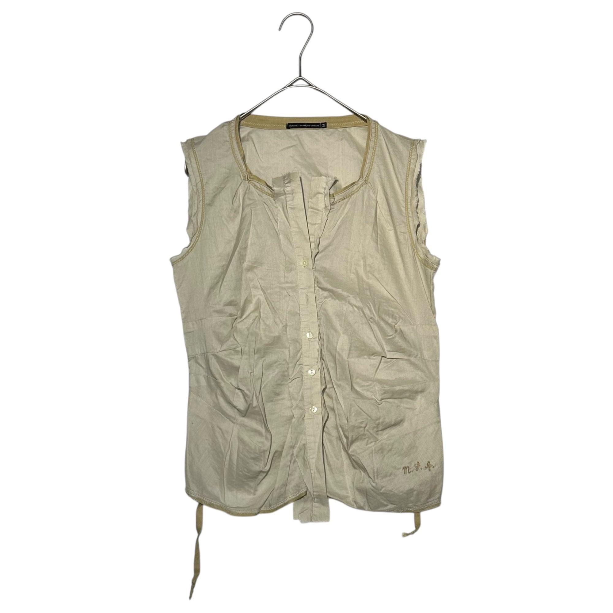 MARITHE FRANCOIS GIRBAUD(マリテフランソワジルボー) 00's Back Gathering Cotton Cut-out N/S Blouse バック ギャザー コットン カットオフ ノースリーブ ブラウス F5-5956 M ベージュ×イエロー Y2K シャツ