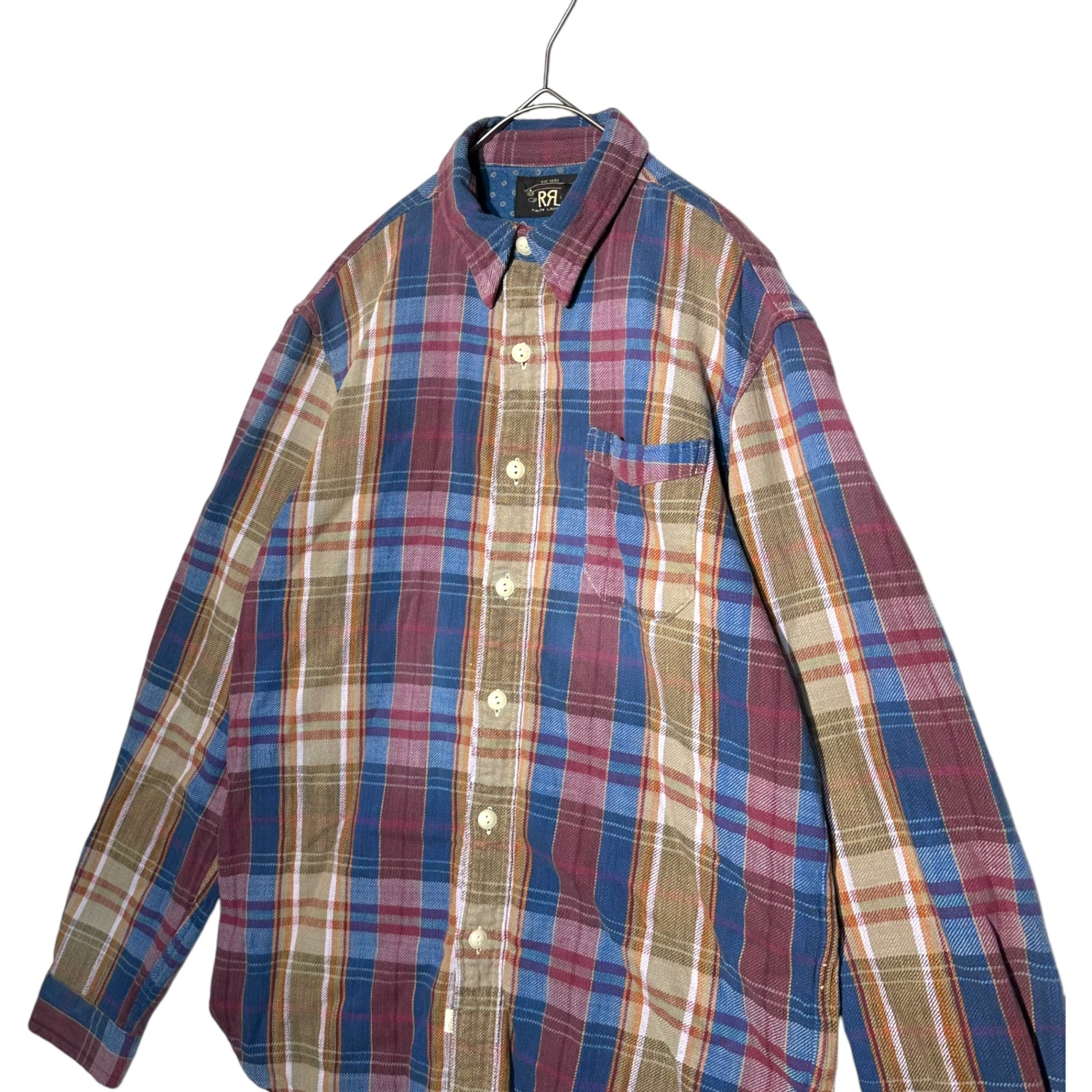 RRL(ダブルアールエル) Chinstrap Check Long Sleeve Work Shirt チンストラップ チェック 長袖 ワーク シャツ S ブルー×レッド