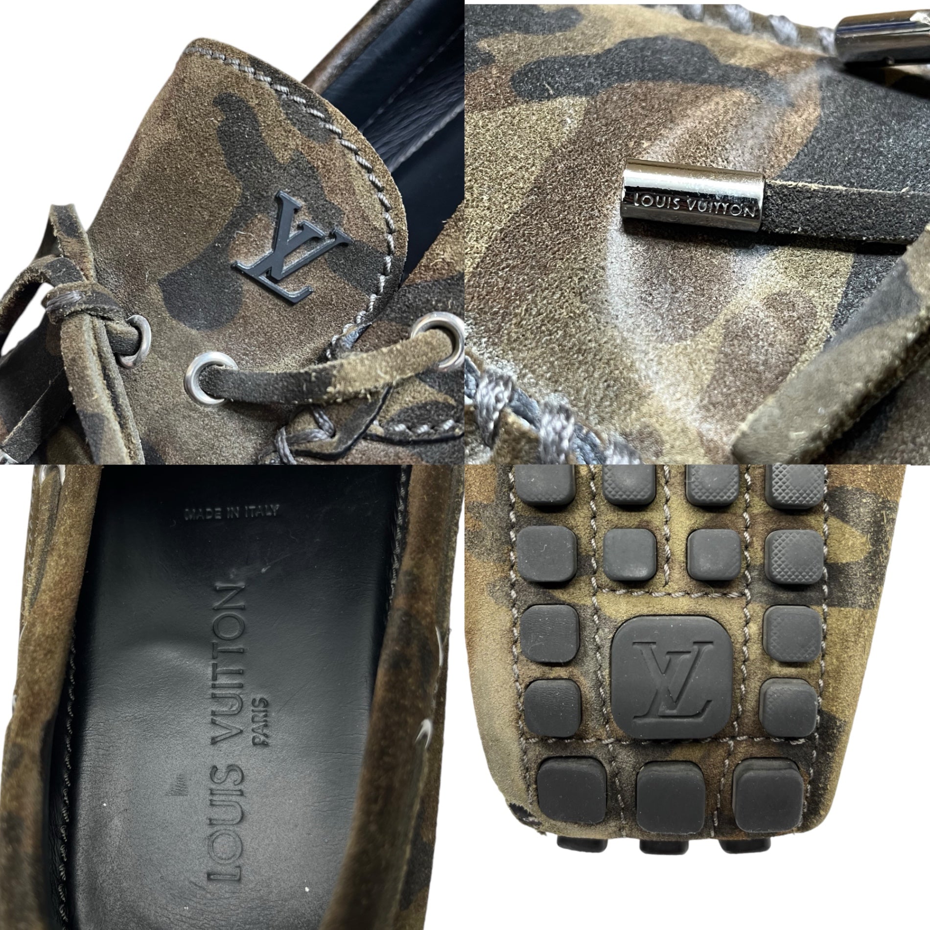 LOUIS VUITTON(ルイヴィトン) Camouflage moccasin driving shoes カモフラ モカシン ドライビング シューズ 製造番号:ND0133 9 1/2(27.5cm~28cm程度) カーキ 迷彩 ロゴ ローファー スリッポン