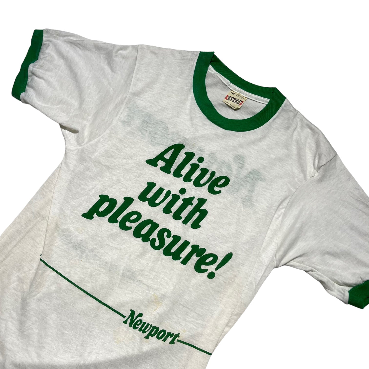 SCREEN STARS(スクリーンスターズ) 80’s "Alive with pleasure" ringer t-shirt リンガー Tシャツ M ホワイト×グリーン 80年代 Newport 著名人着用モデル タバコ シガレット