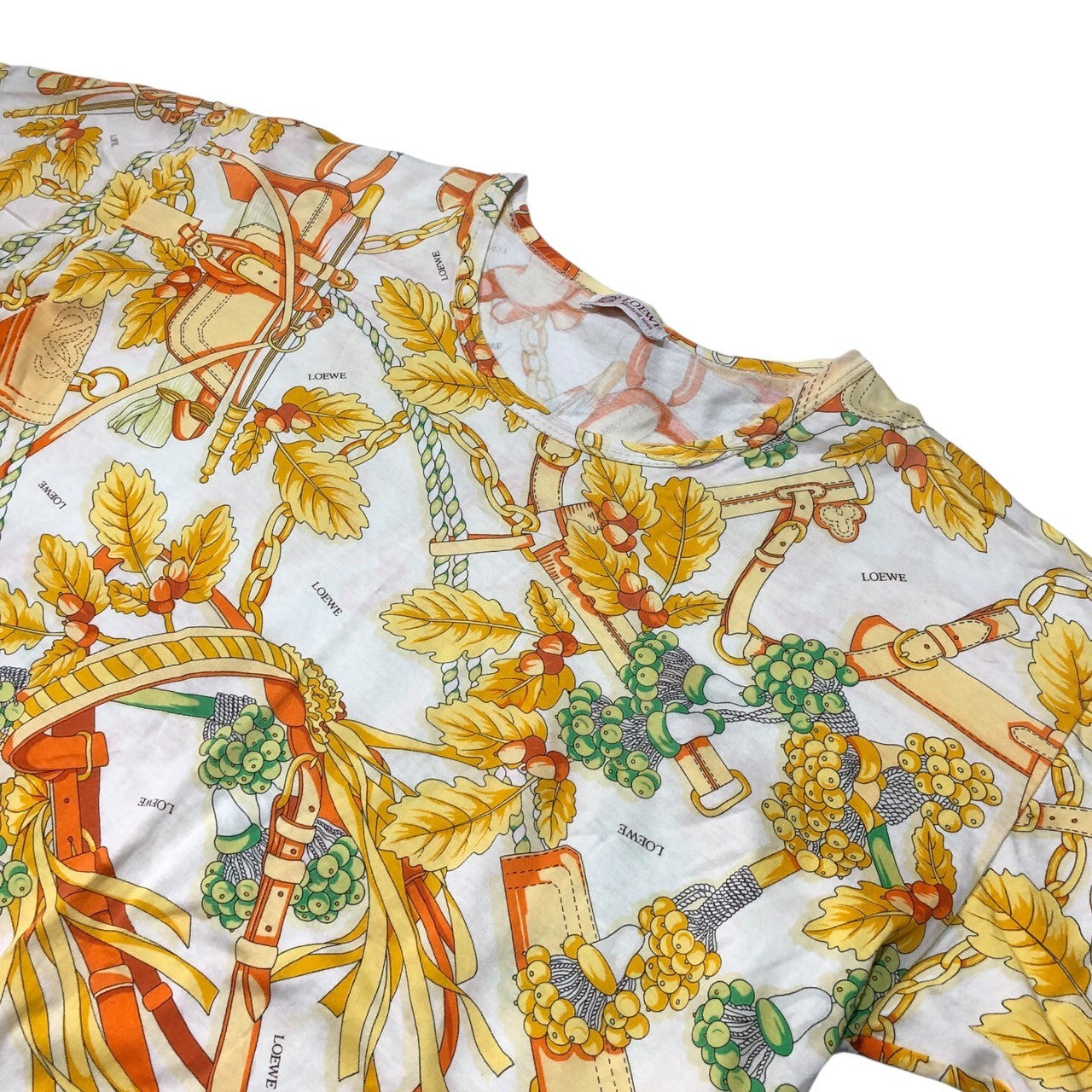 LOEWE(ロエベ) 90’s チェーンベルト ボタニカル スカーフ柄 Tシャツ 表記無し(M程度) ホワイト×イエロー 90年代 ヴィンテージ