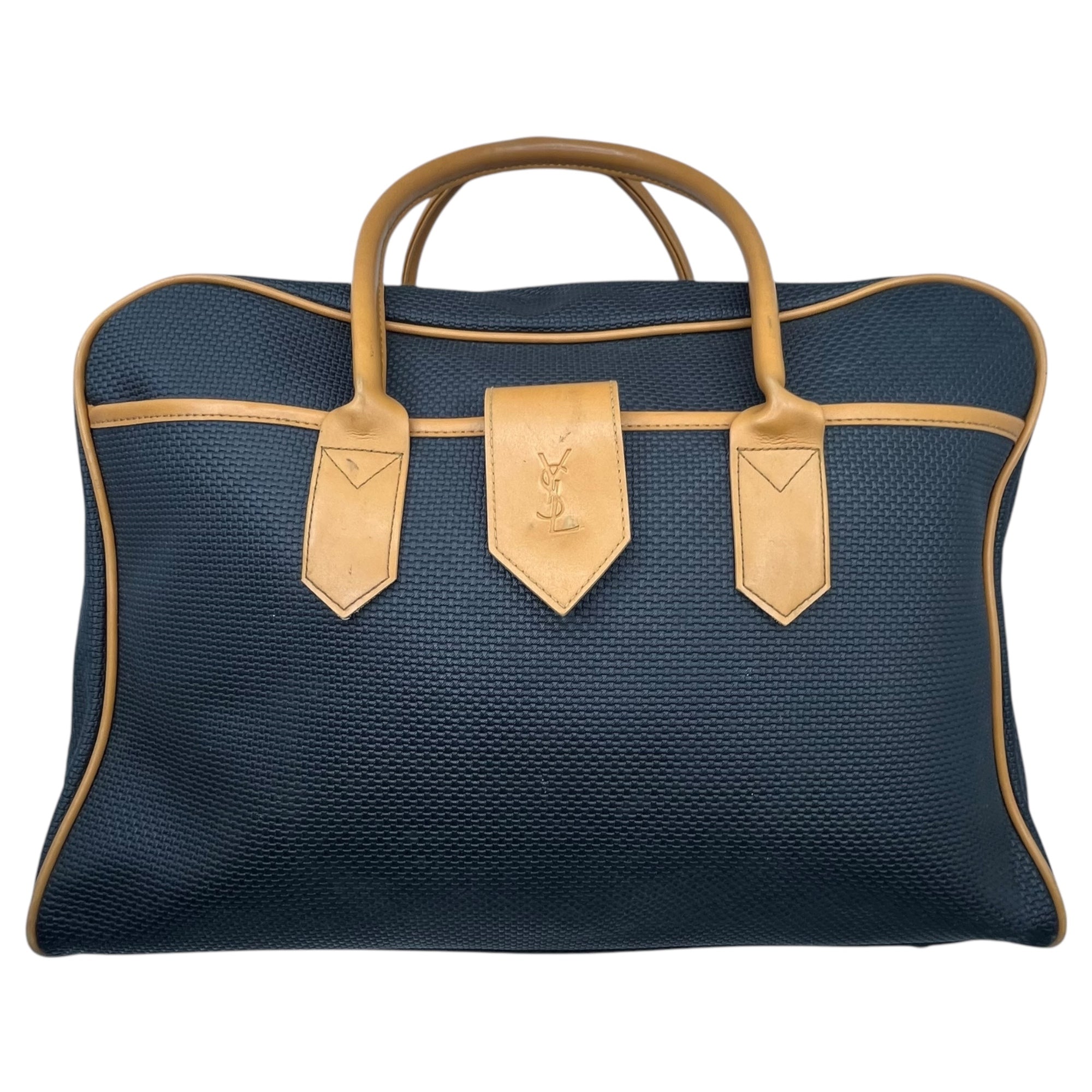 YVES SAINT LAURENT(イヴサンローラン) ロゴ レザー 切替 ボストンバッグ 旅行鞄 ブラック×ブラウン OLD ヴィンテージ