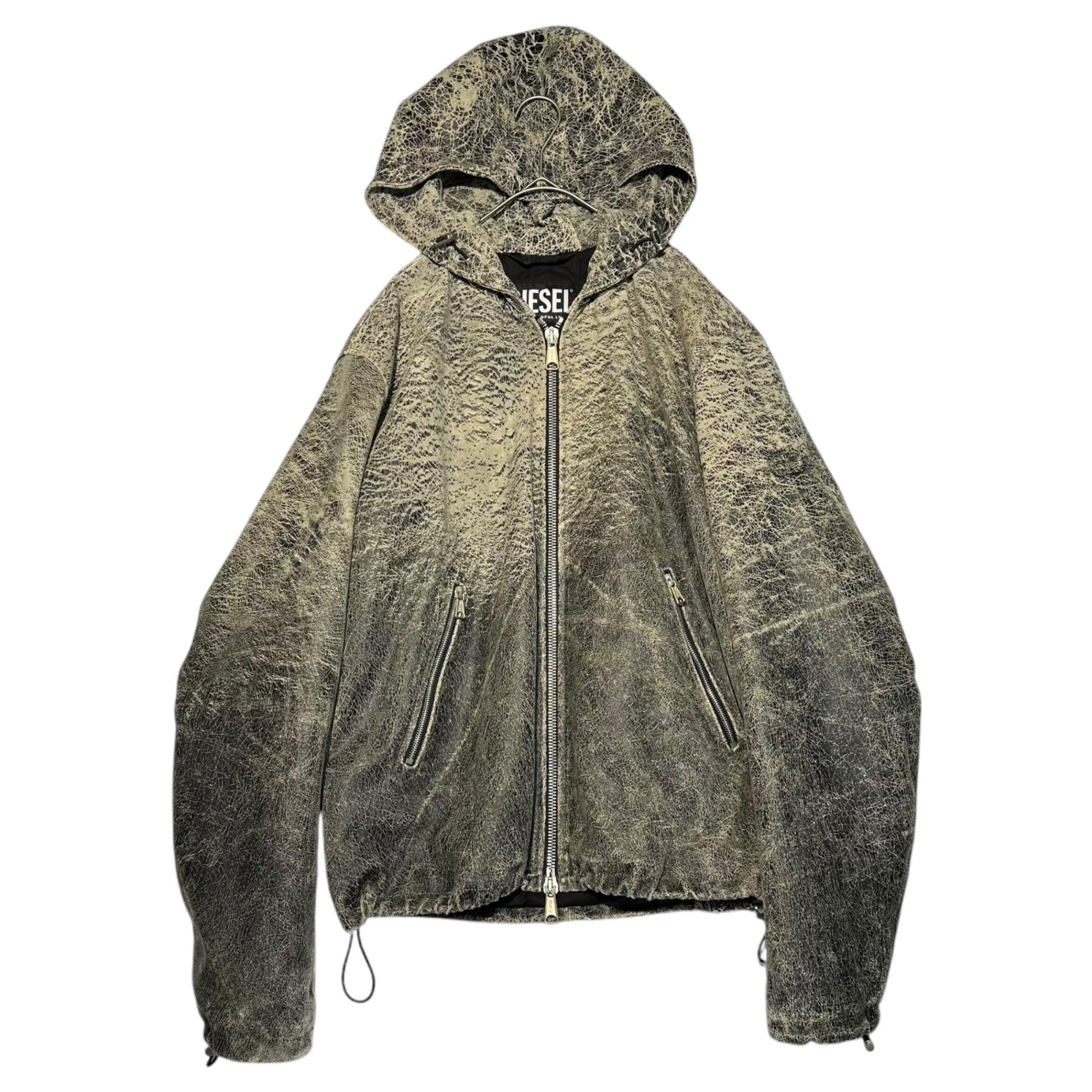 DIESEL(ディーゼル) 23SS ‘L-RAM’ leather jacket クラック加工 ラム レザー フーデット ジャケット L-RAM A09996 0BLAD-9XX 52 ブラック×ベージュ パーカー ひび割れ ヴィンテージ加工