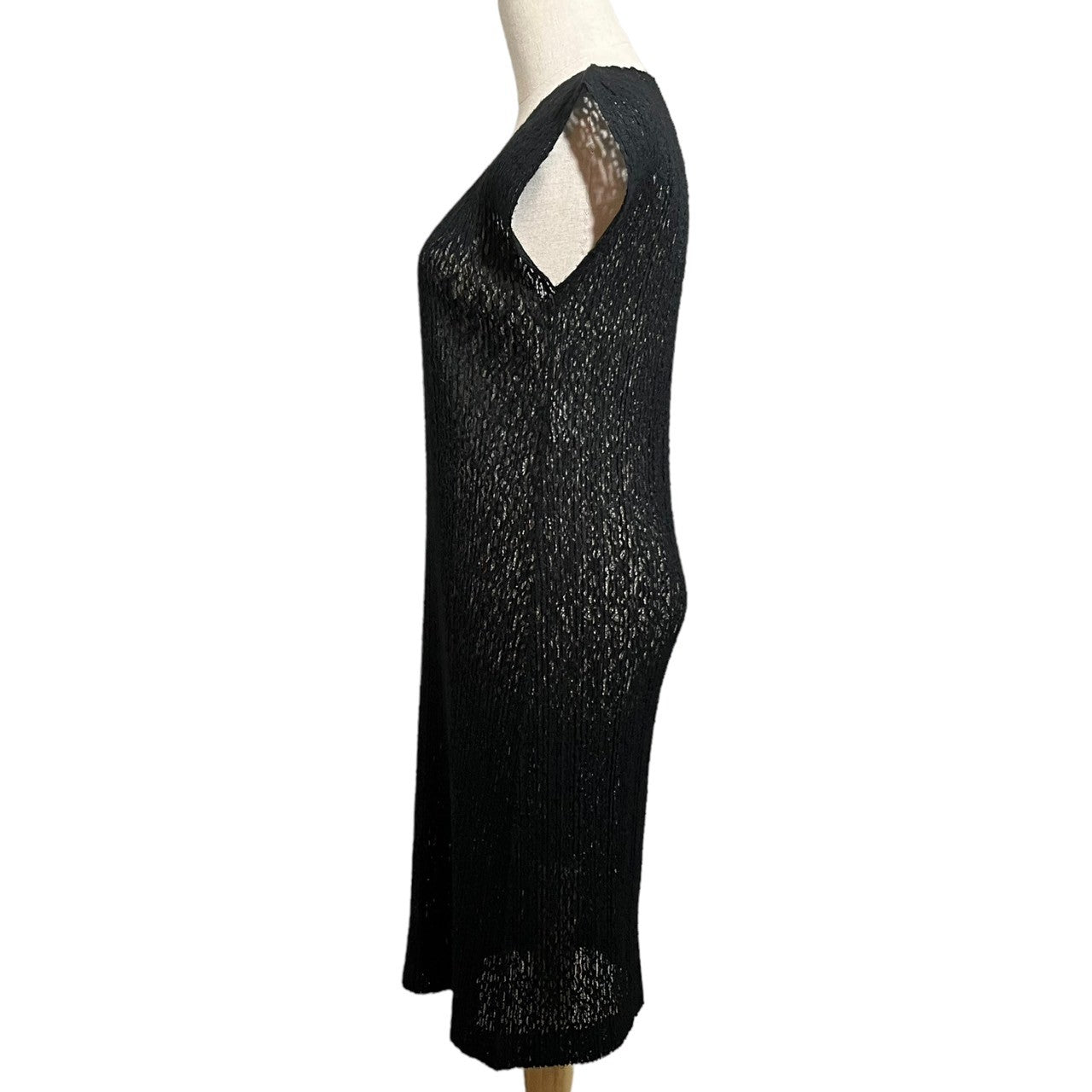 PLEATS PLEASE(プリーツプリーズ) 15AW Lace pleated dress 総レース プリーツ ワンピース PP53-JK754 3(L程度) ブラック V オープン ネック メッシュ ノースリーブ ドレス
