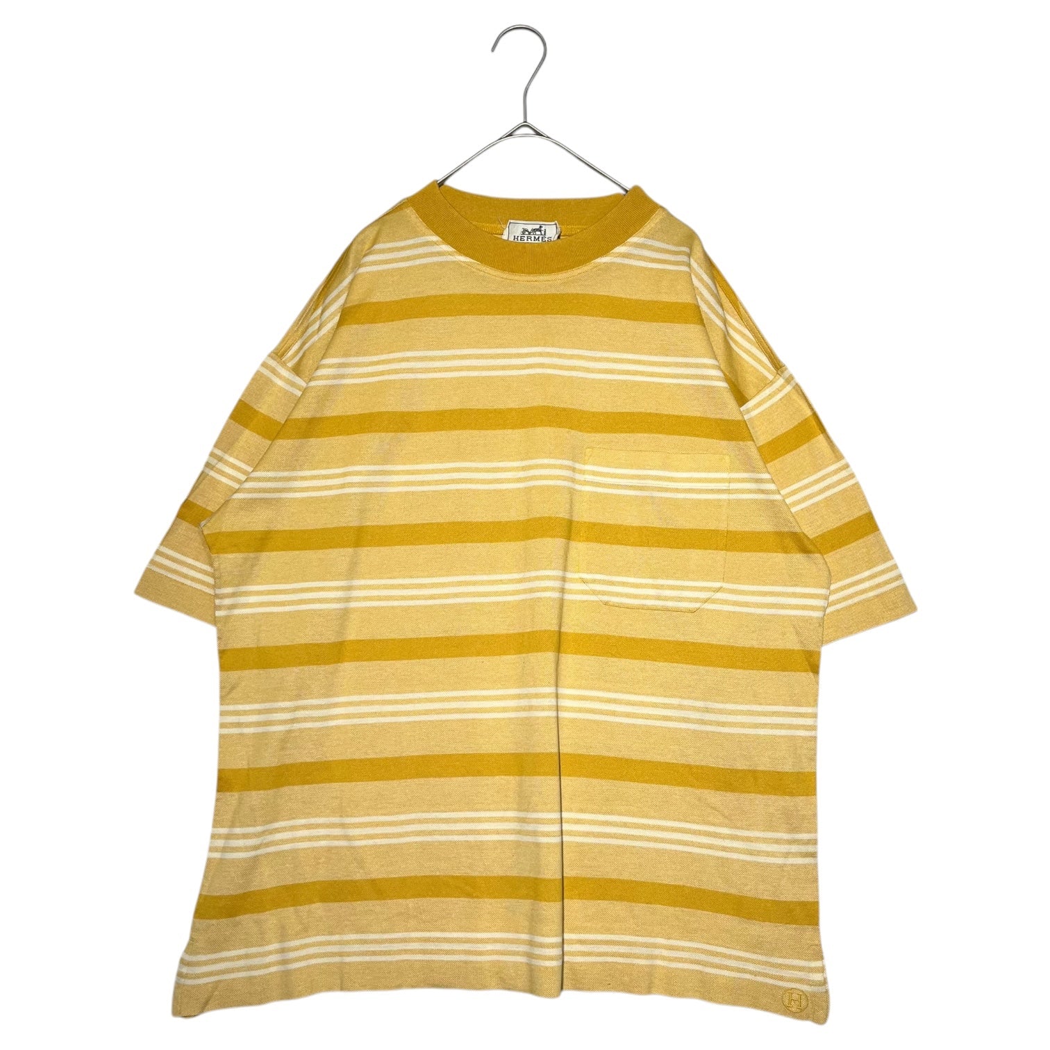 HERMES(エルメス) Pocket Striped S/S T-Shirt H 刺繍 ポケット ボーダー 鹿の子 半袖 Tシャツ L イエロー×ホワイト エルメスジャポンタグ