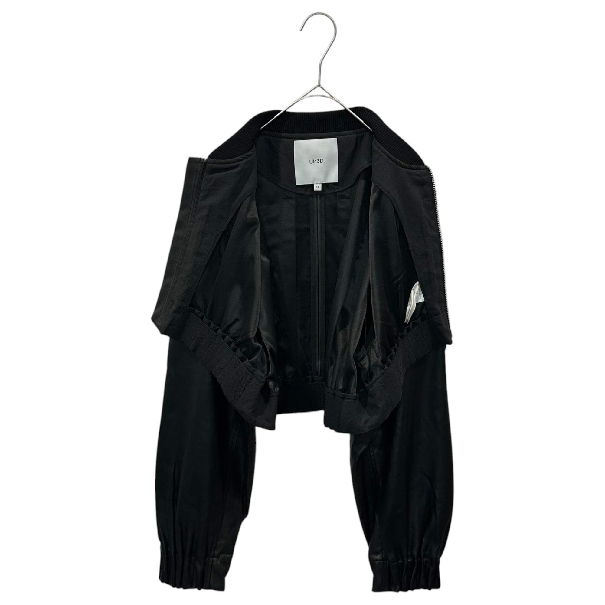 UN3D.(アンスリード) Pleated Gathered Short Blouson タック ギャザー ショート ブルゾン 522340102201-01 38 ブラック エコレザー ジャケット