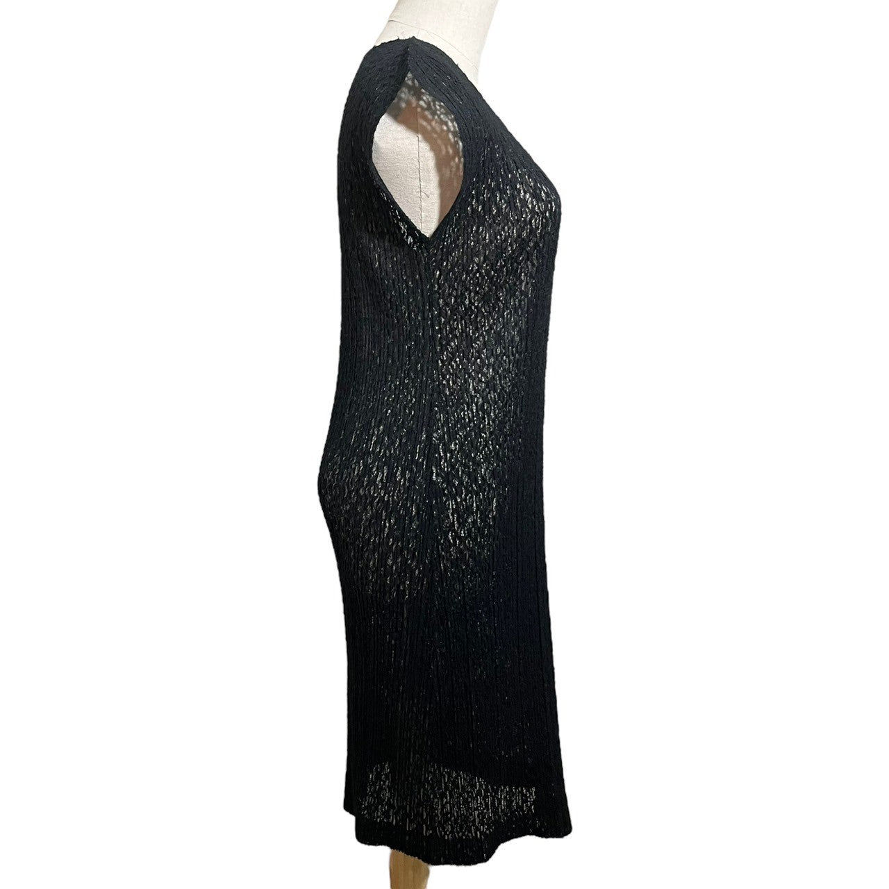 PLEATS PLEASE(プリーツプリーズ) 15AW Lace pleated dress 総レース プリーツ ワンピース PP53-JK754 3(L程度) ブラック V オープン ネック メッシュ ノースリーブ ドレス